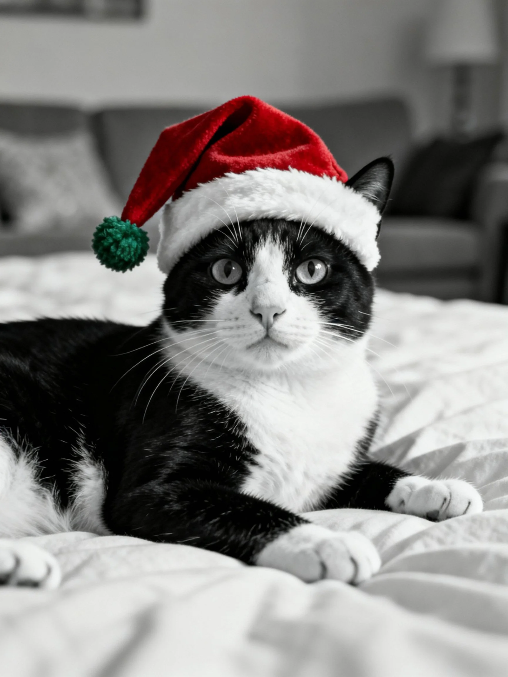 A black and white cat wearing a red Santa haton a bed