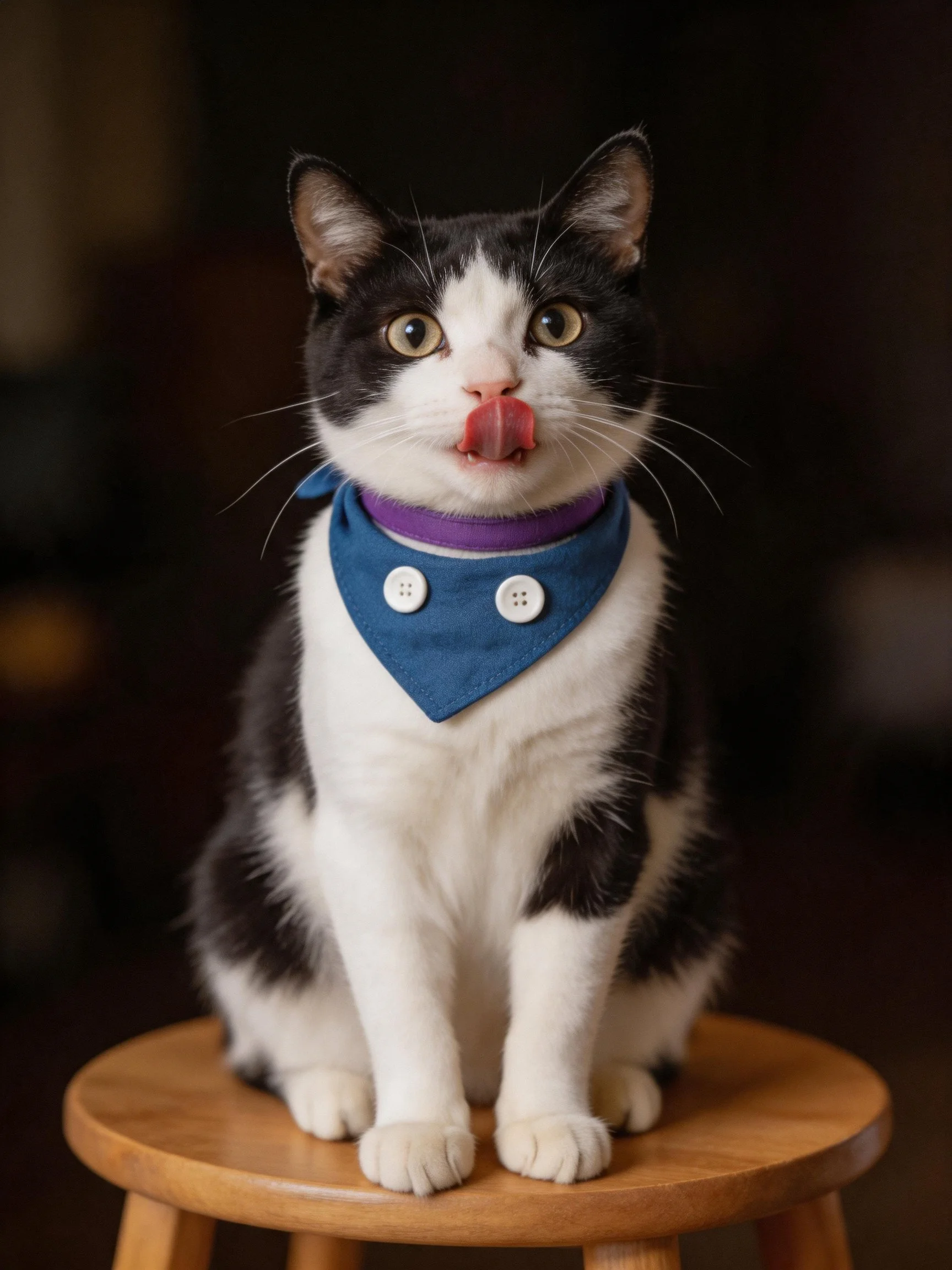A black - and - white cat with accessories sits on a stool