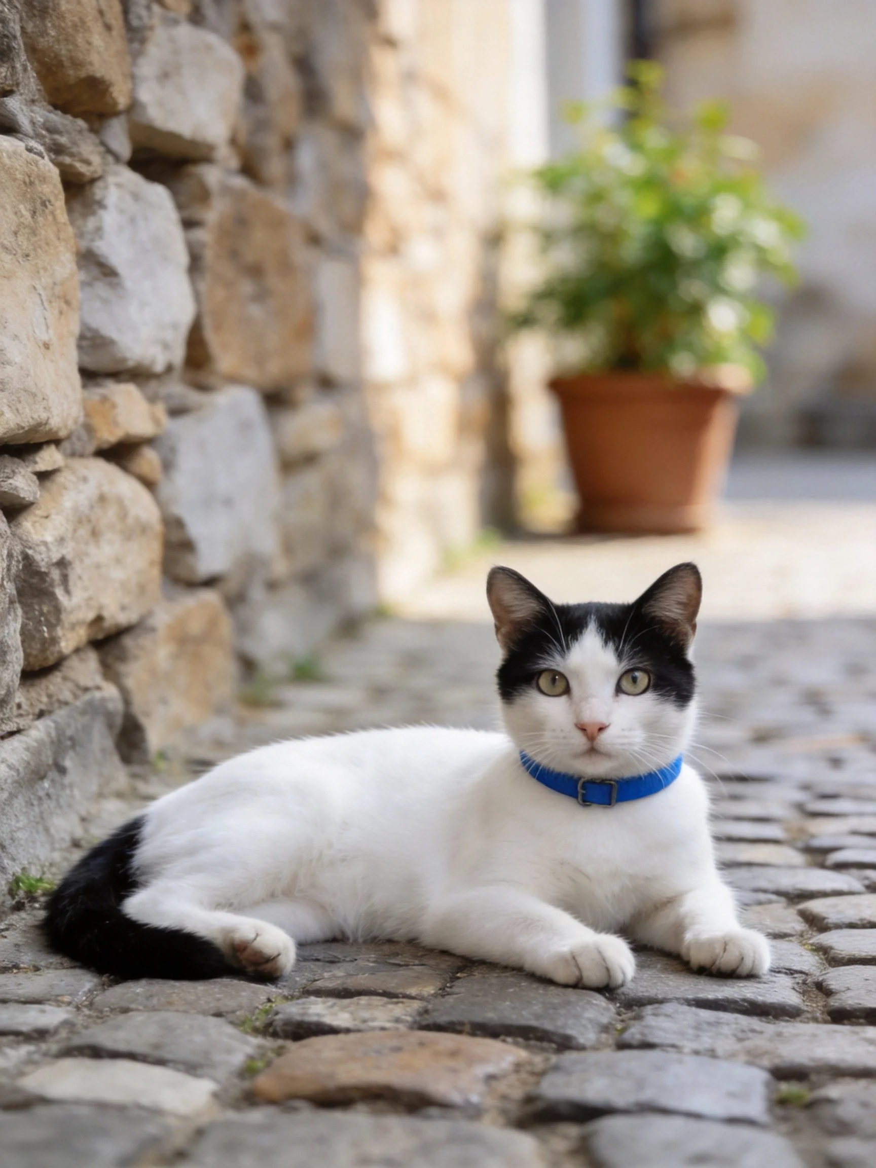 A black - and - white cat with a blue collar rests on a cobblestone path near a stone wall