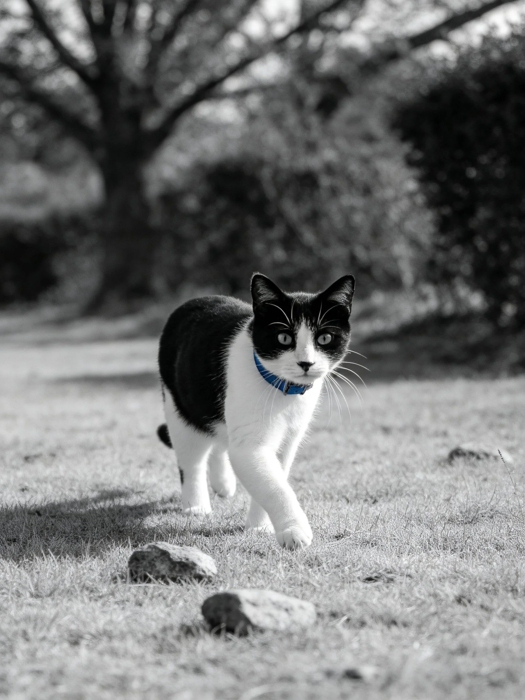 A black - and - white cat with a blue collar walks on grass near rocks in an outdoor setting.