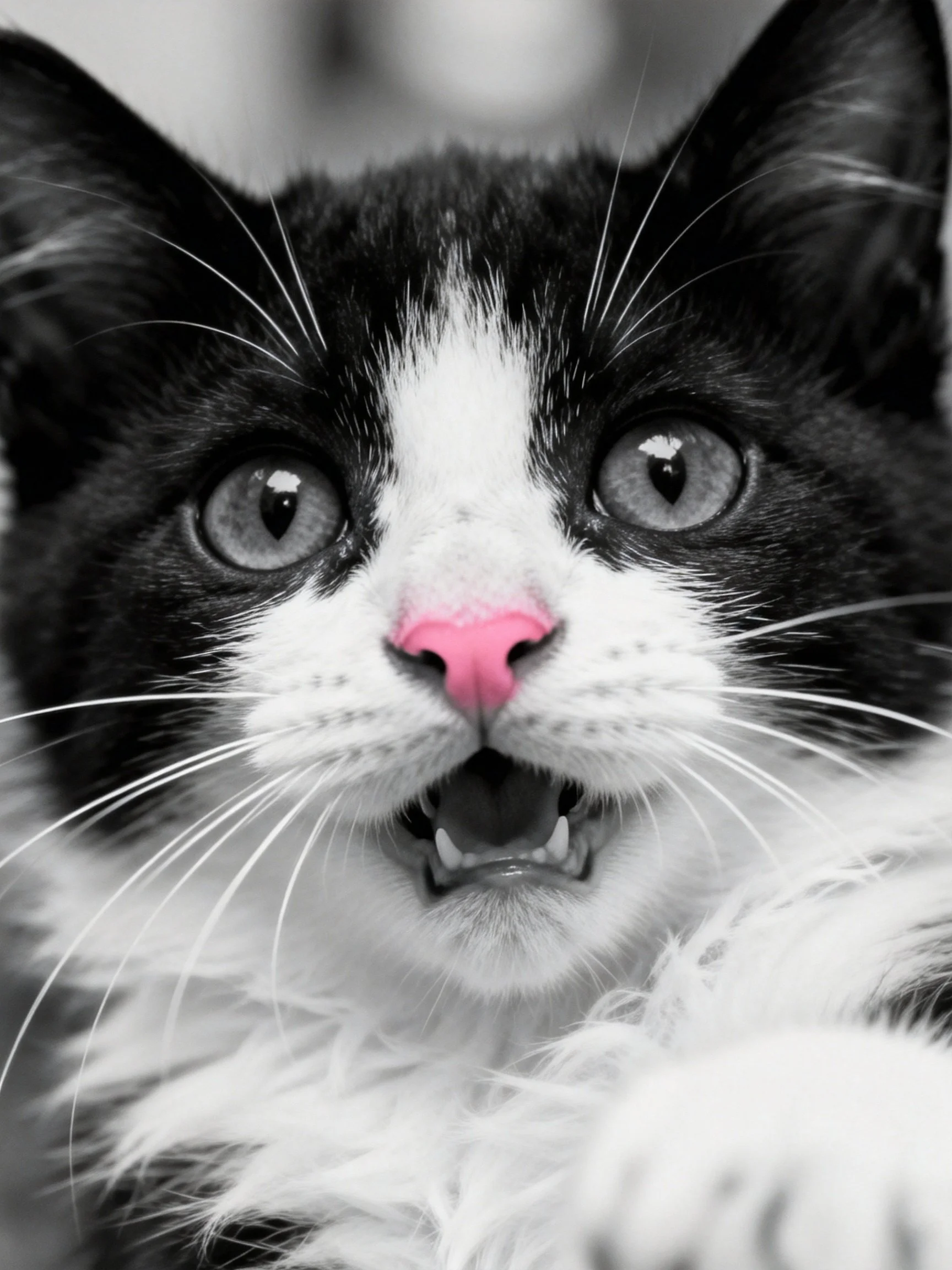 A black - and - white cat with a bright pink nose