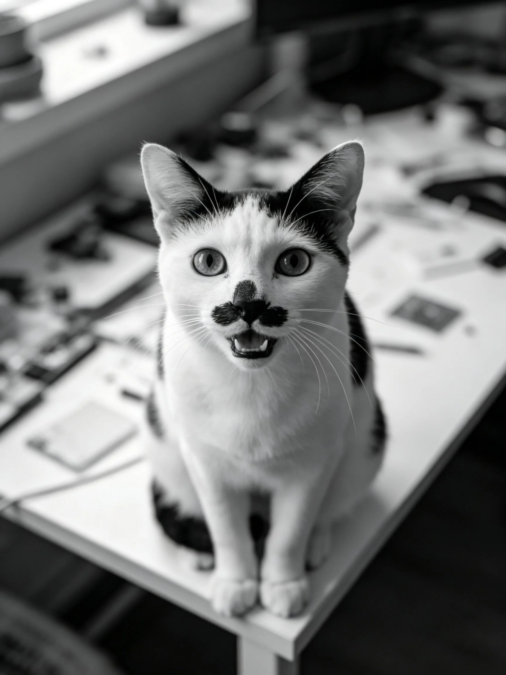 A black - and - white cat with a nose marking sits on a cluttered office desk