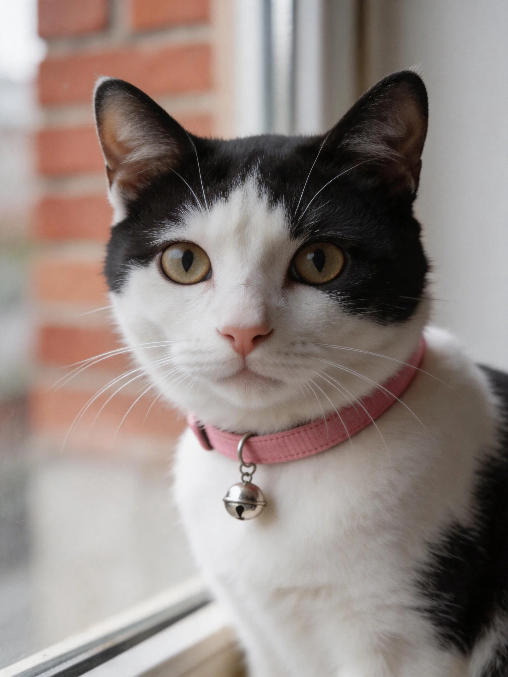 A black and white cat with a pink collar sits by a window with a brick wall