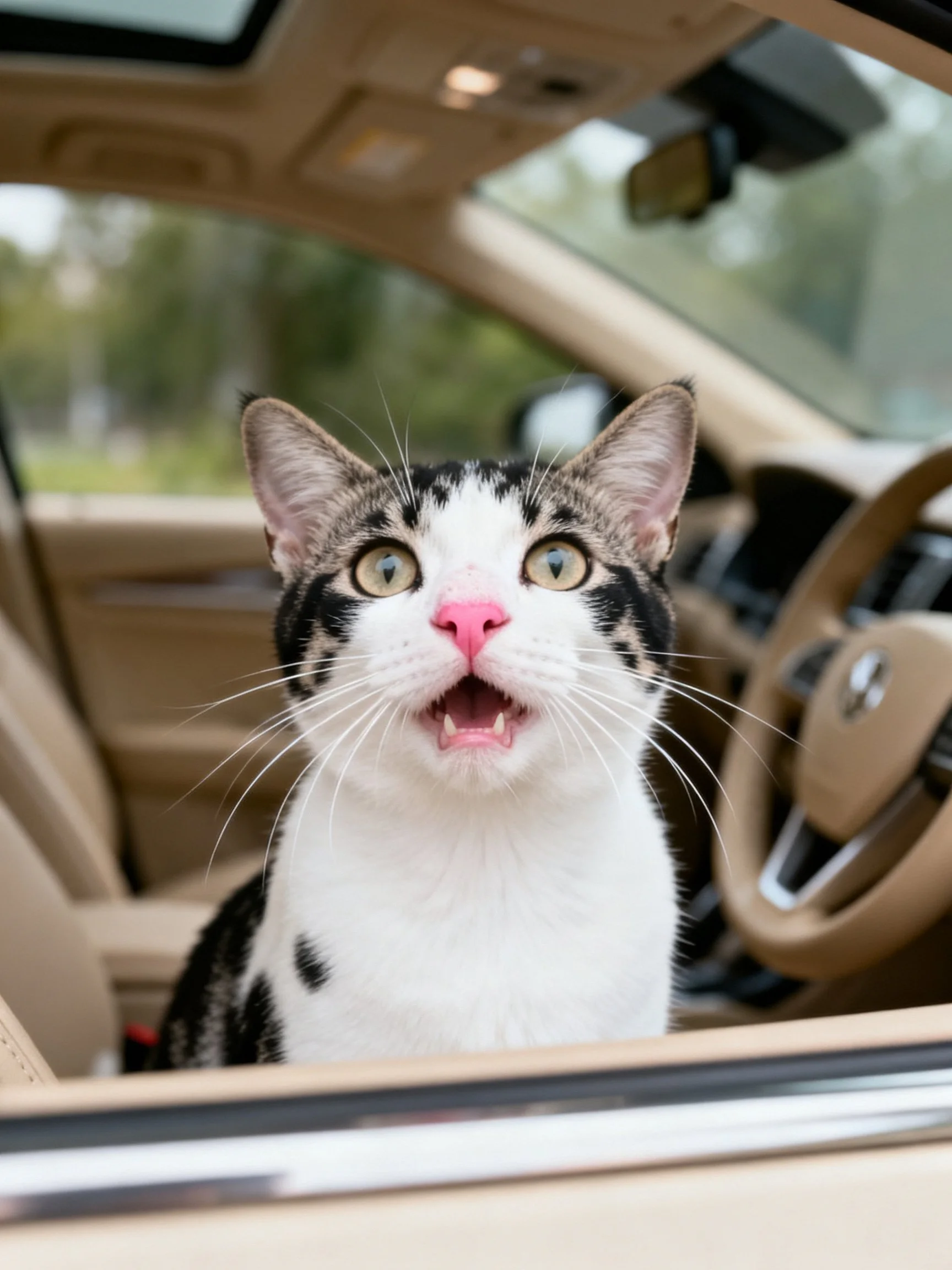 A black - and - white cat with a pink nose sits in a cars passenger seat area.