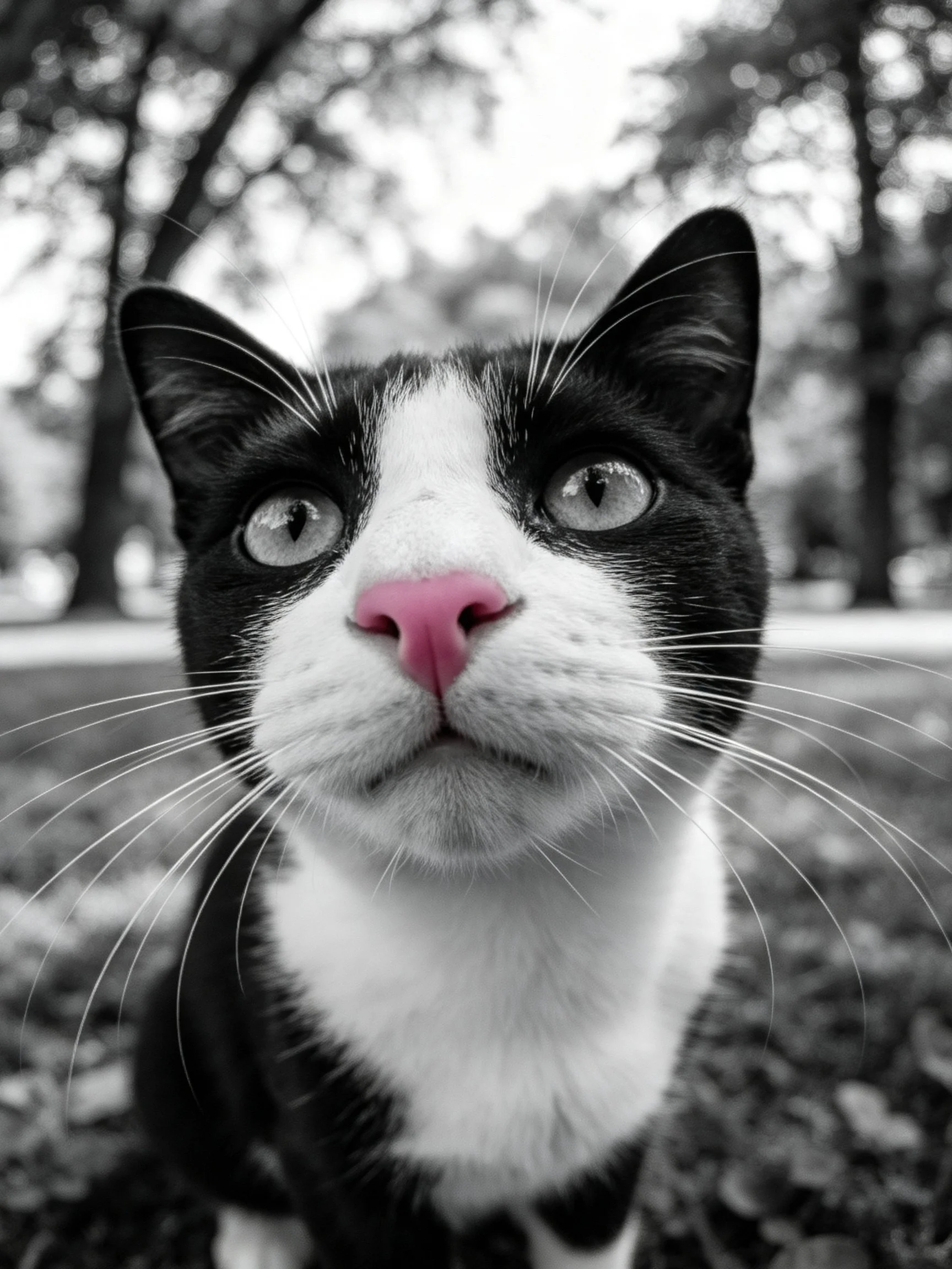 A black - and - white cat with a pink nose in a wooded outdoor area