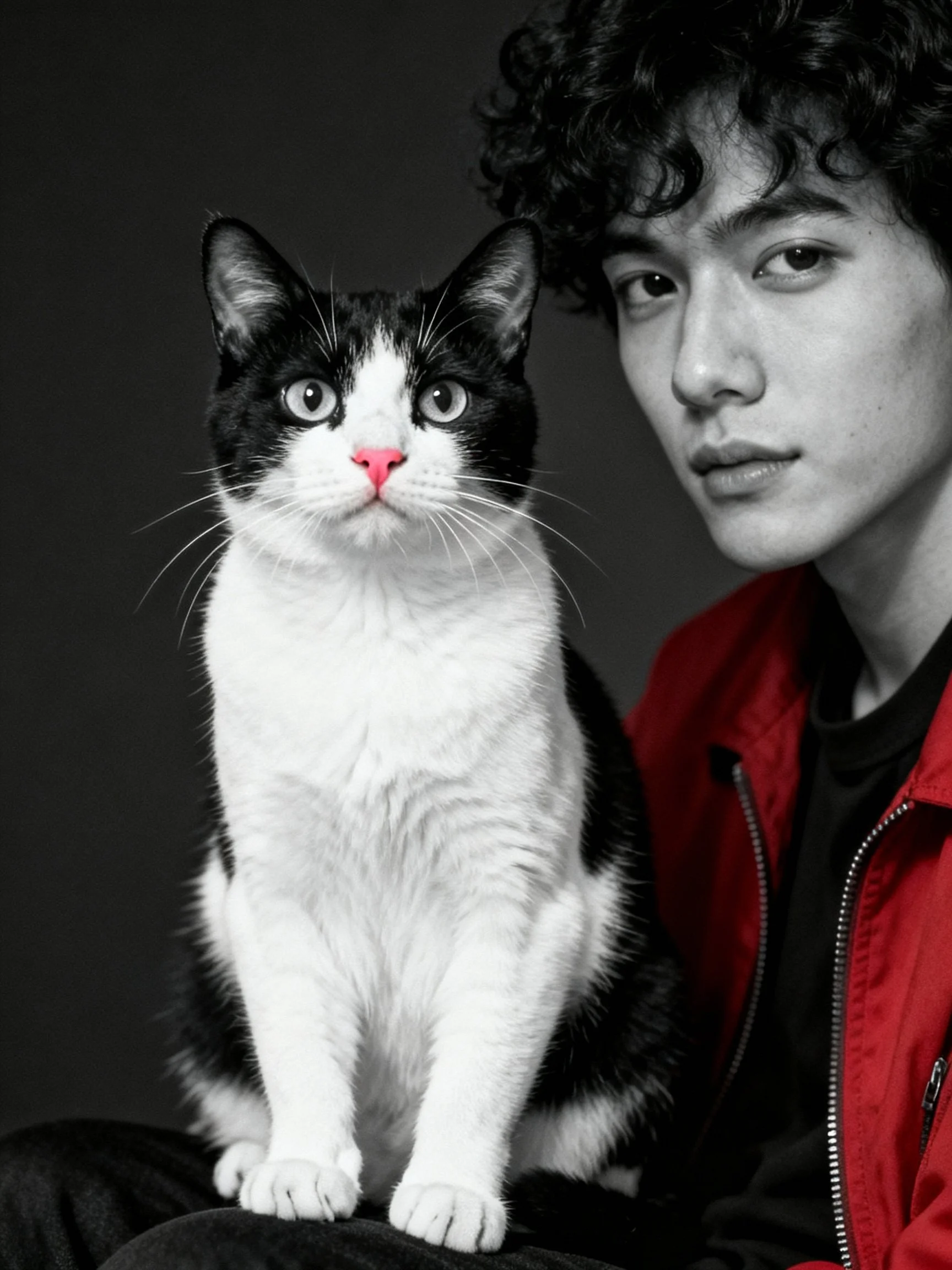 A black - and - white cat with a pink nose sits next to a person wearing a red jacket.