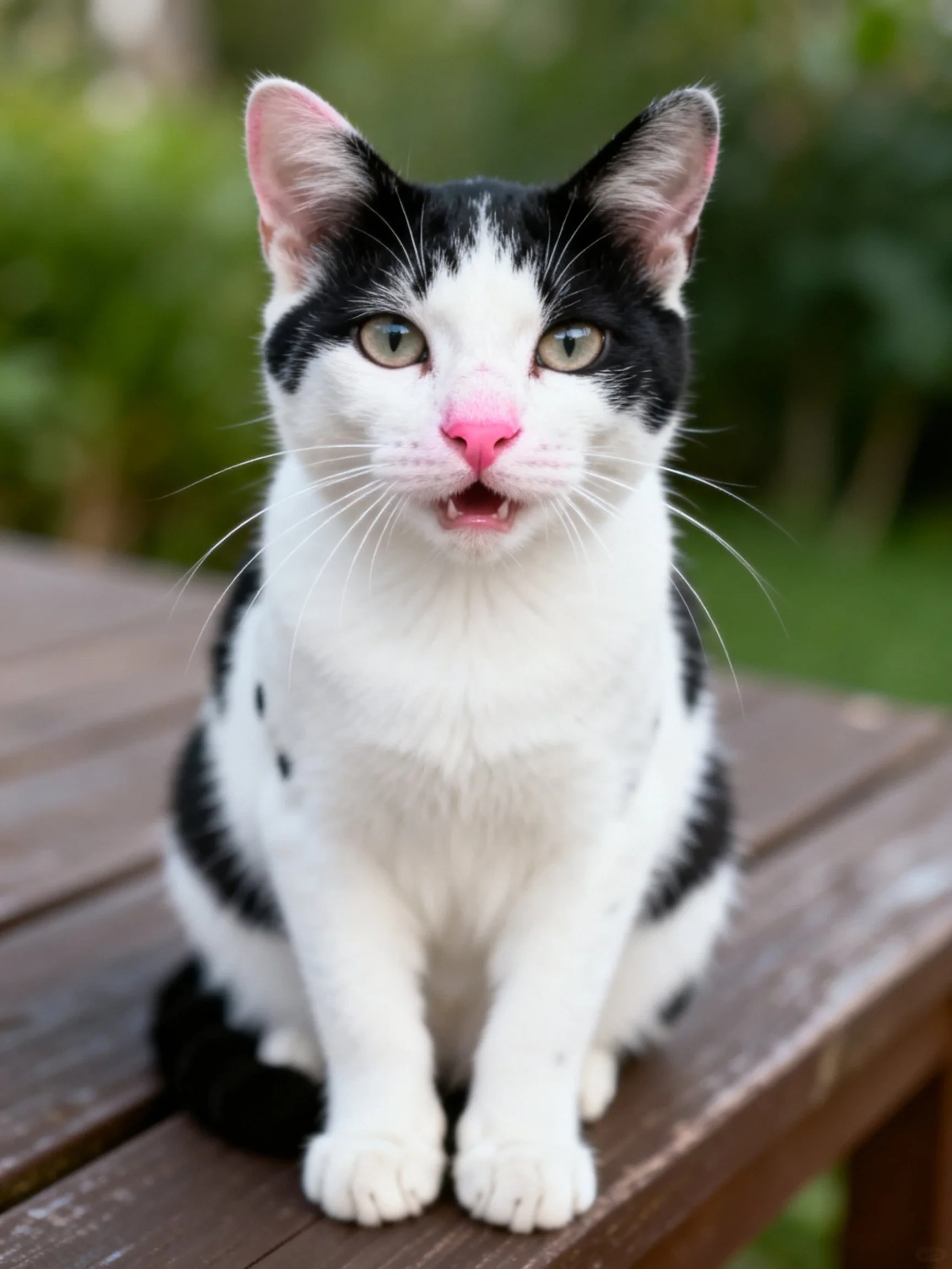 Black and white cat with pink nose sits on a wooden bench