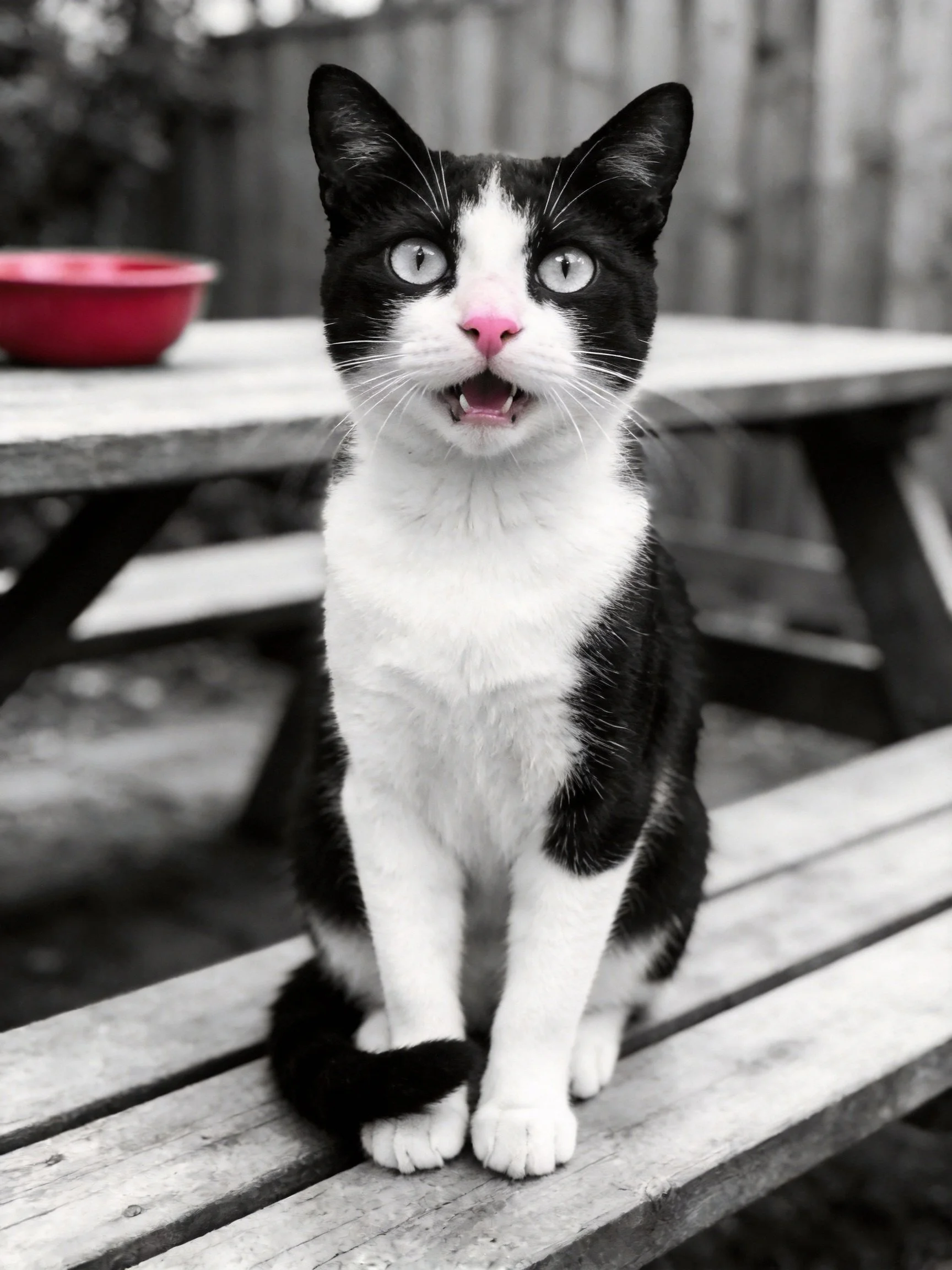 A black - and - white cat with a pink nose sits on a wooden bench near a picnic table