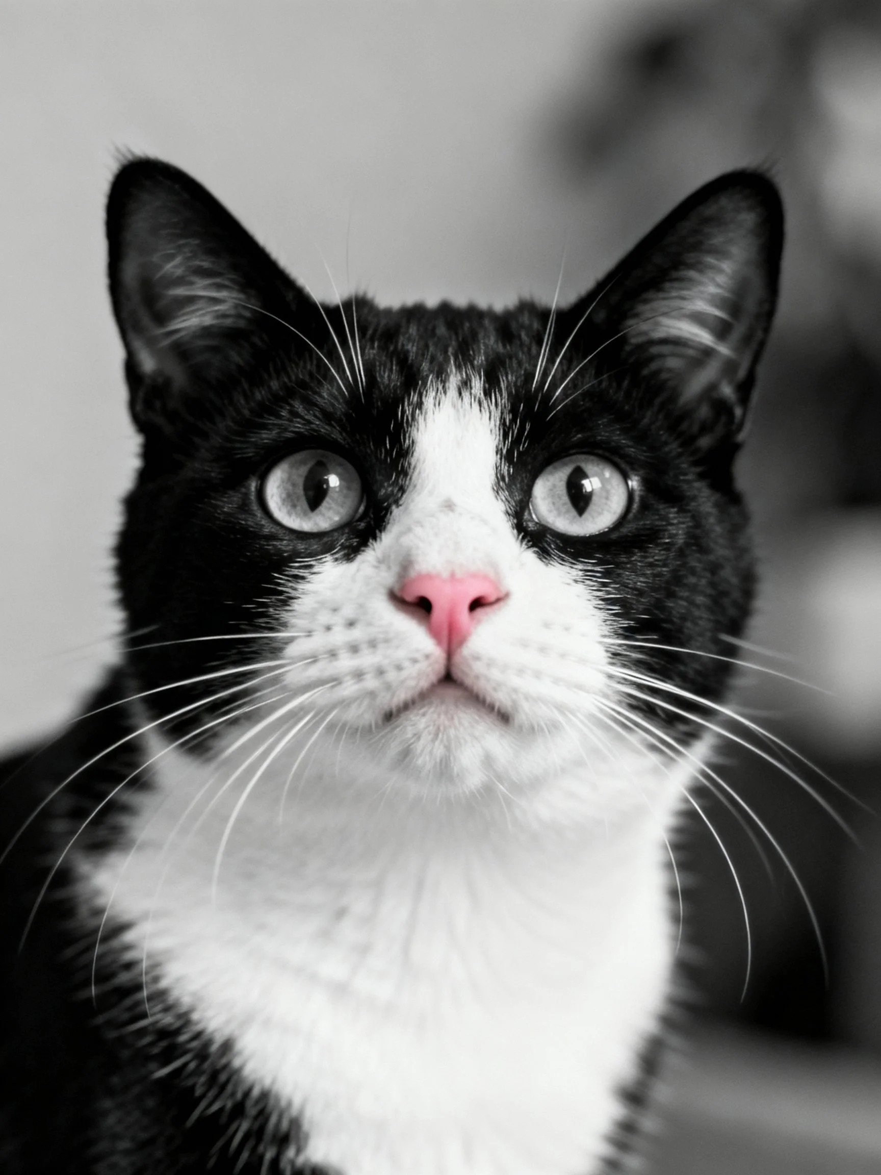 A black and white cat with a pink nose, striking green eyes