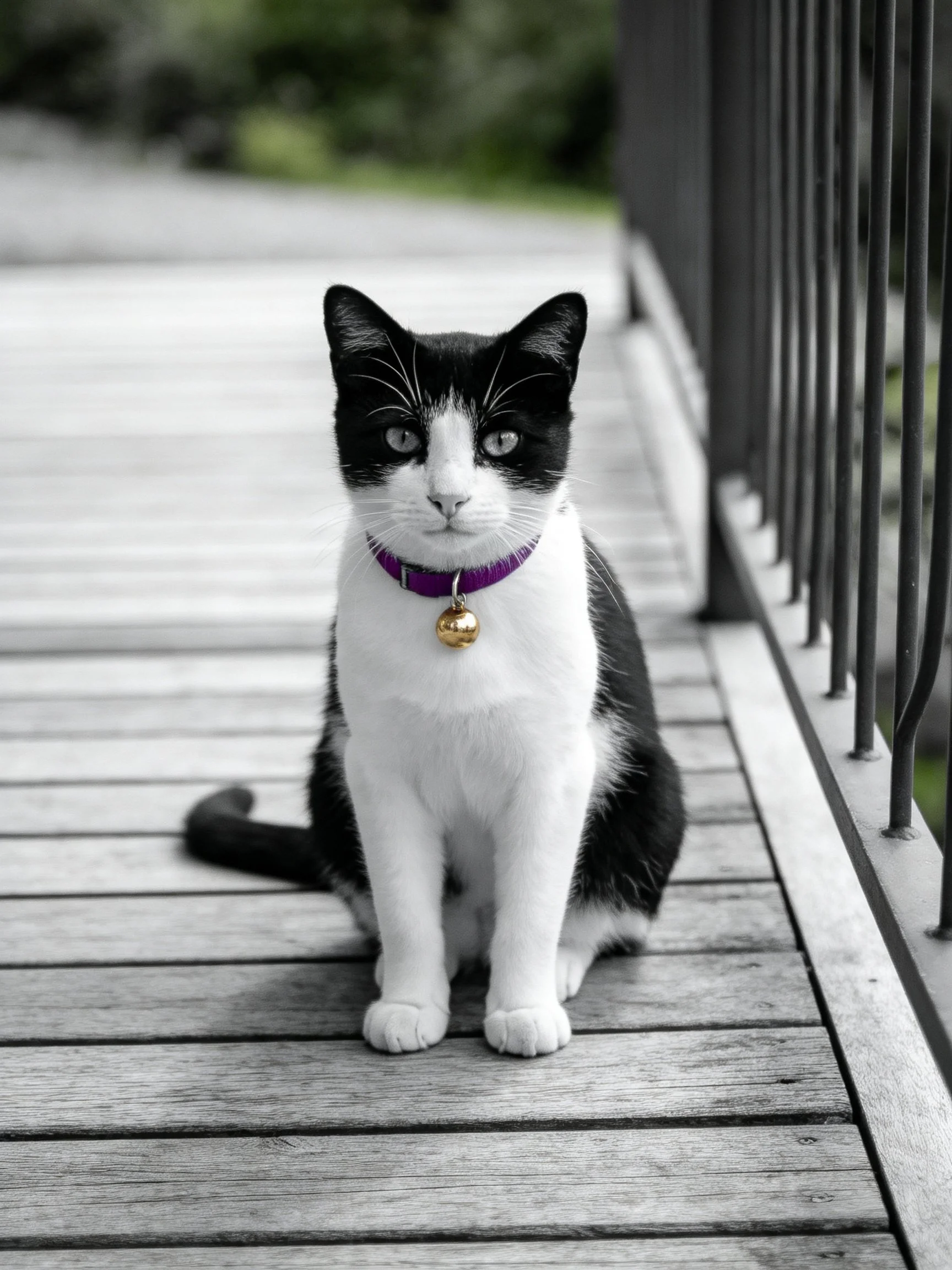 A black - and - white cat with a purple collar sits on a wooden deck