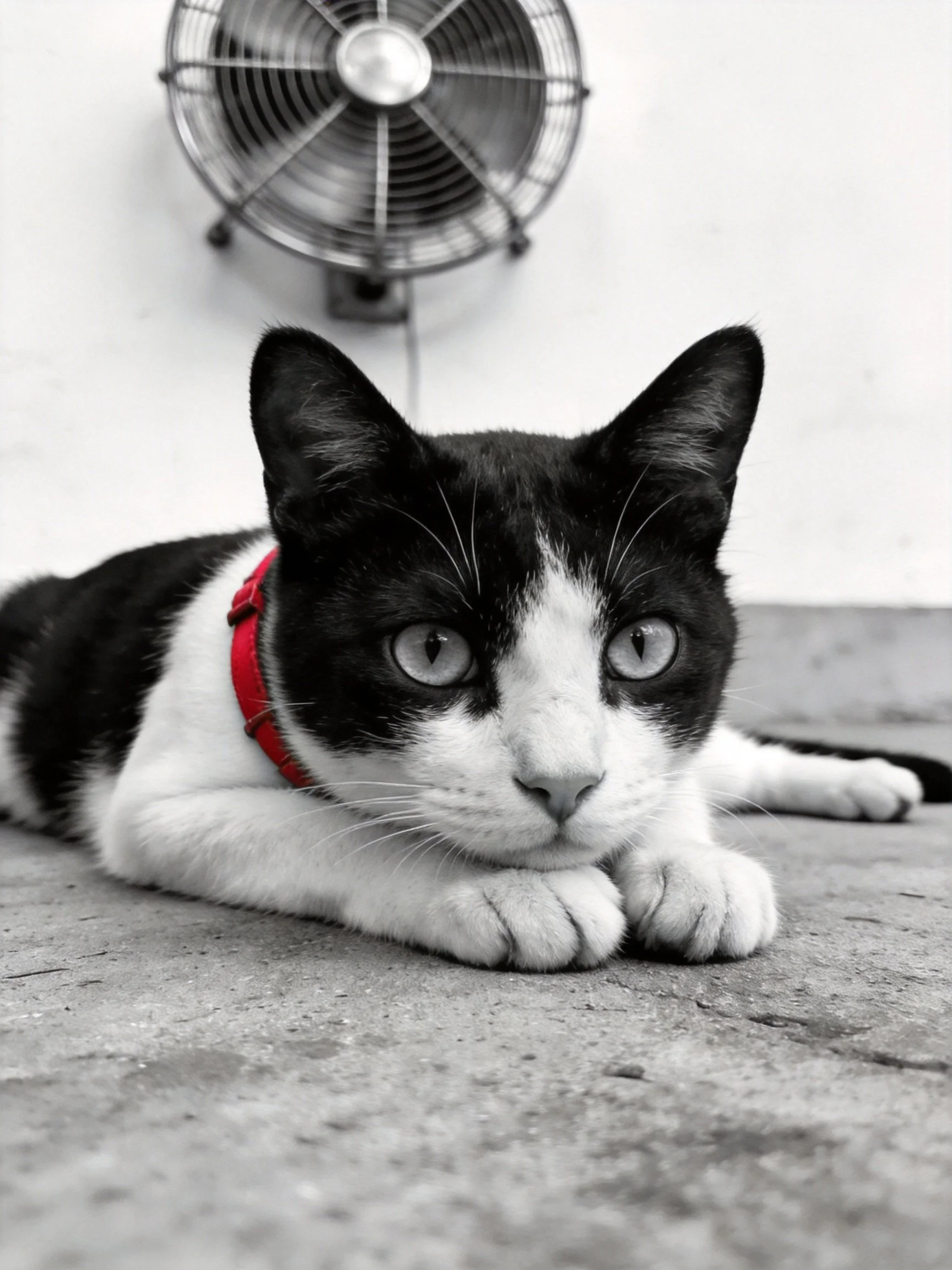 A black and white cat with a red collar rests beside a wall-mounted fan.