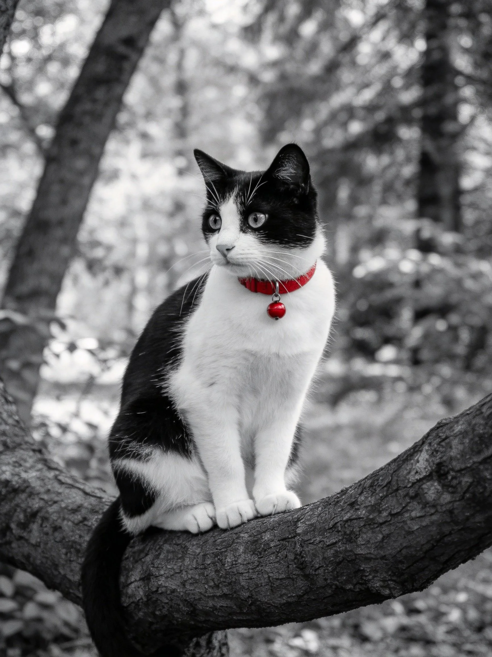 A black - and - white cat with a red collar sits on a tree branch in a forest