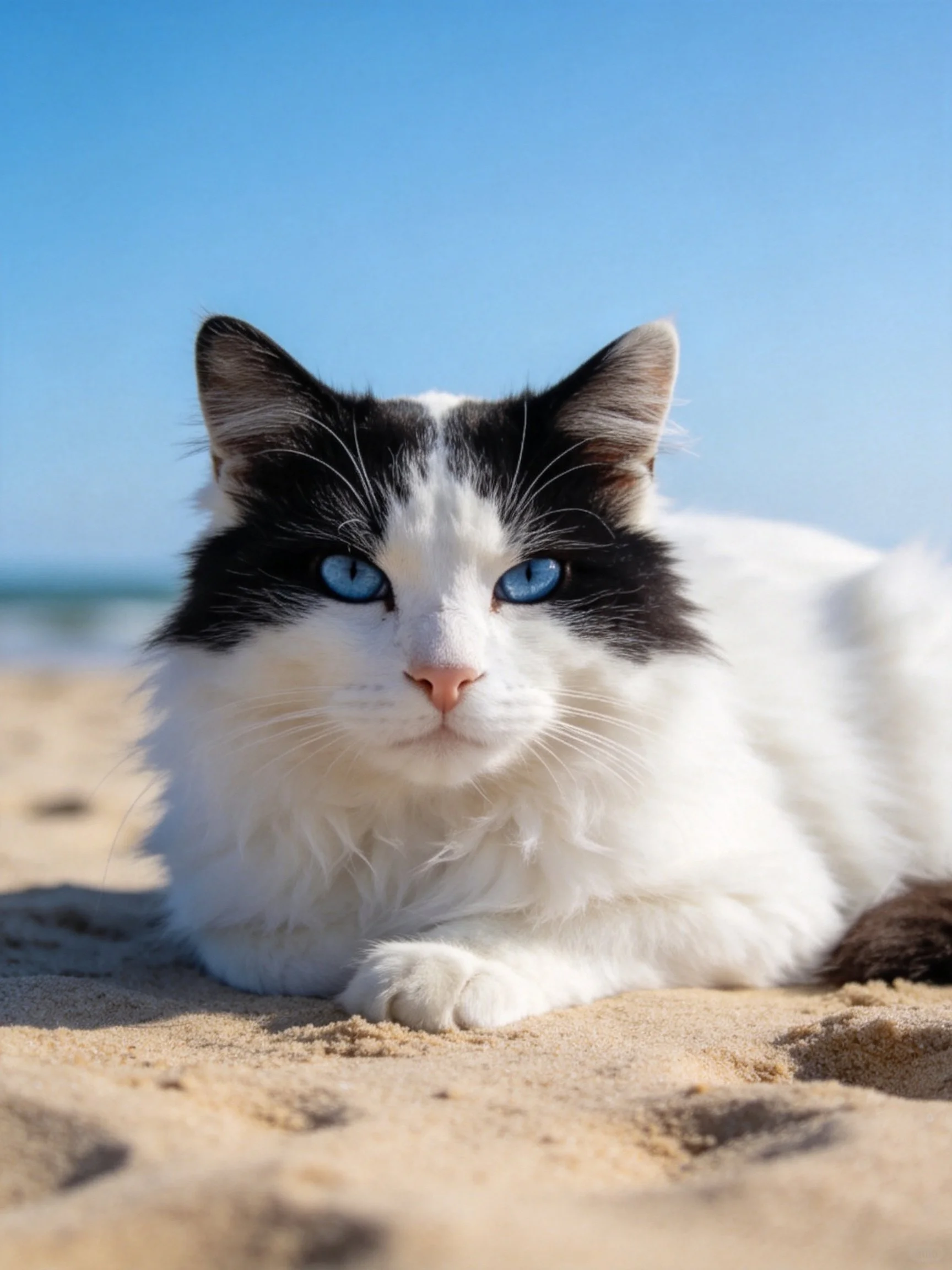 A black - and - white cat relaxes on a sandy beach near the water.