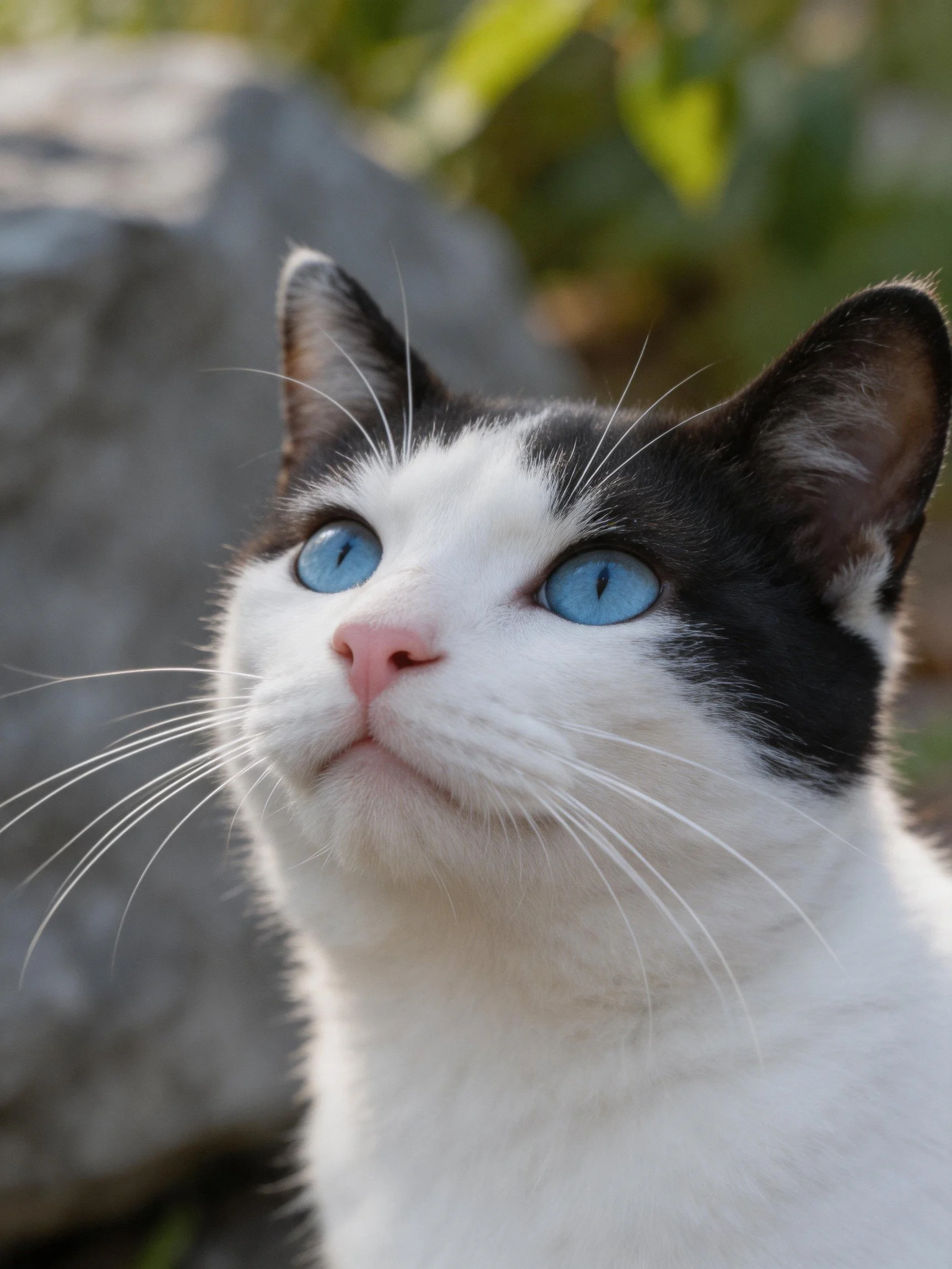 A black and white cat with bright blue eyes in an outdoor setting
