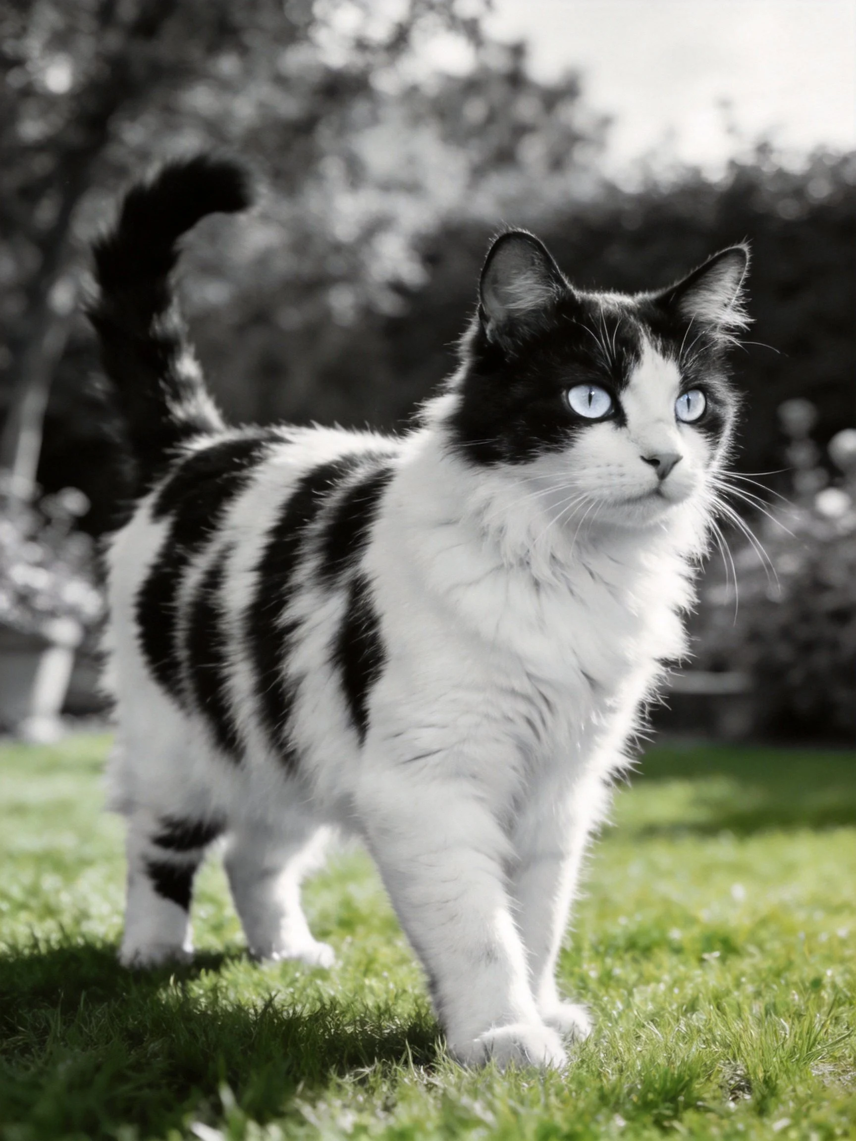 A black - and - white cat with bright blue eyes walking on green grass