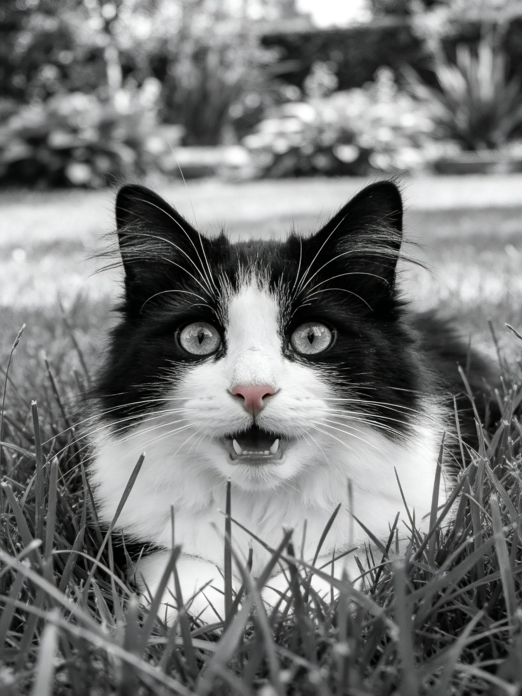 A black - and - white cat with bright eyes resting in tall grass