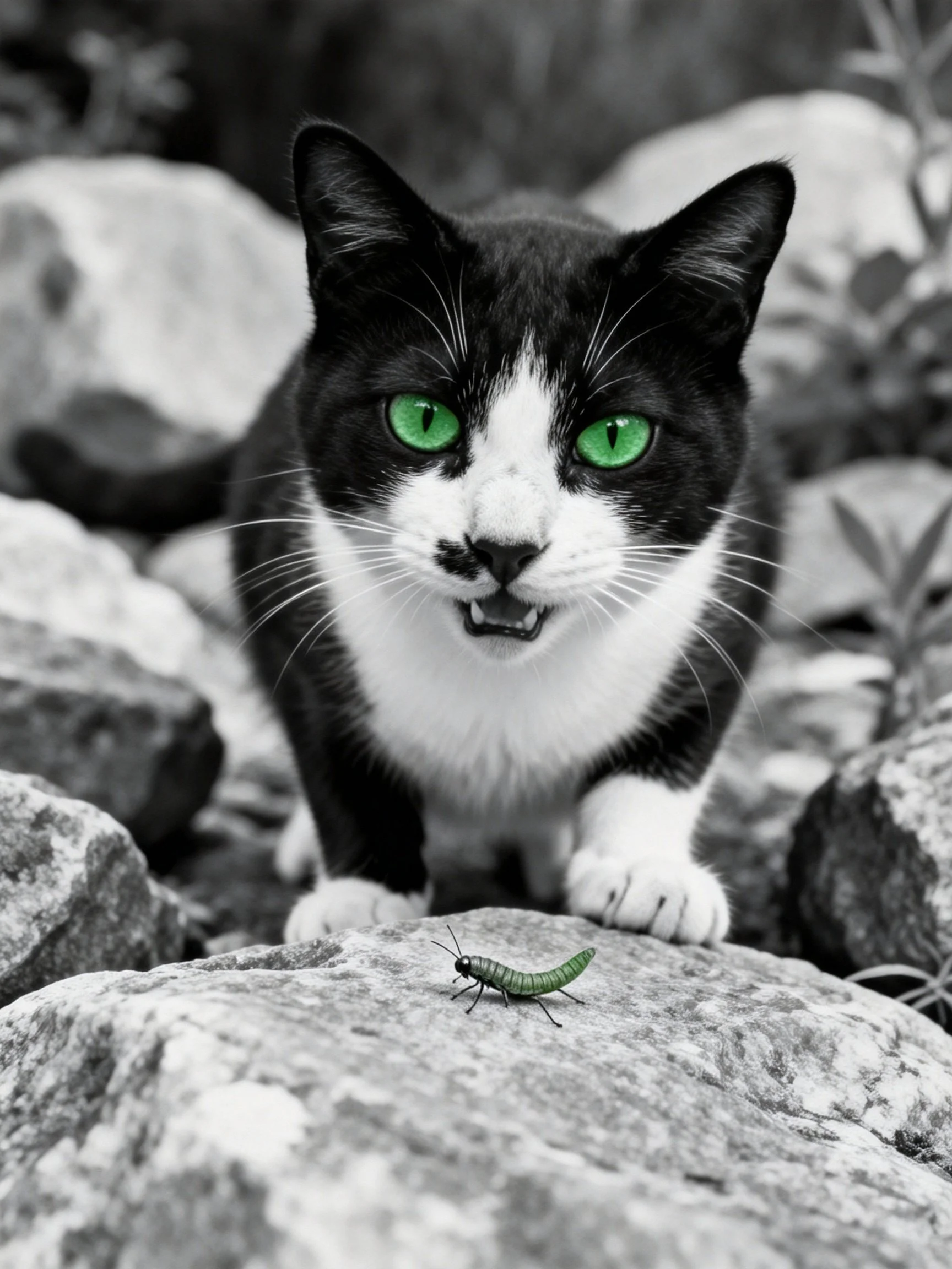 A black - and - white cat with bright green eyes focuses on a green insect near rocks