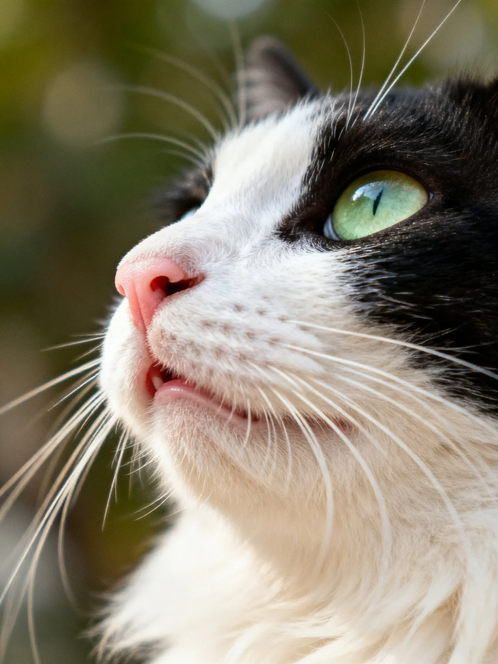 A black - and - white cat with bright green eyes in close - up
