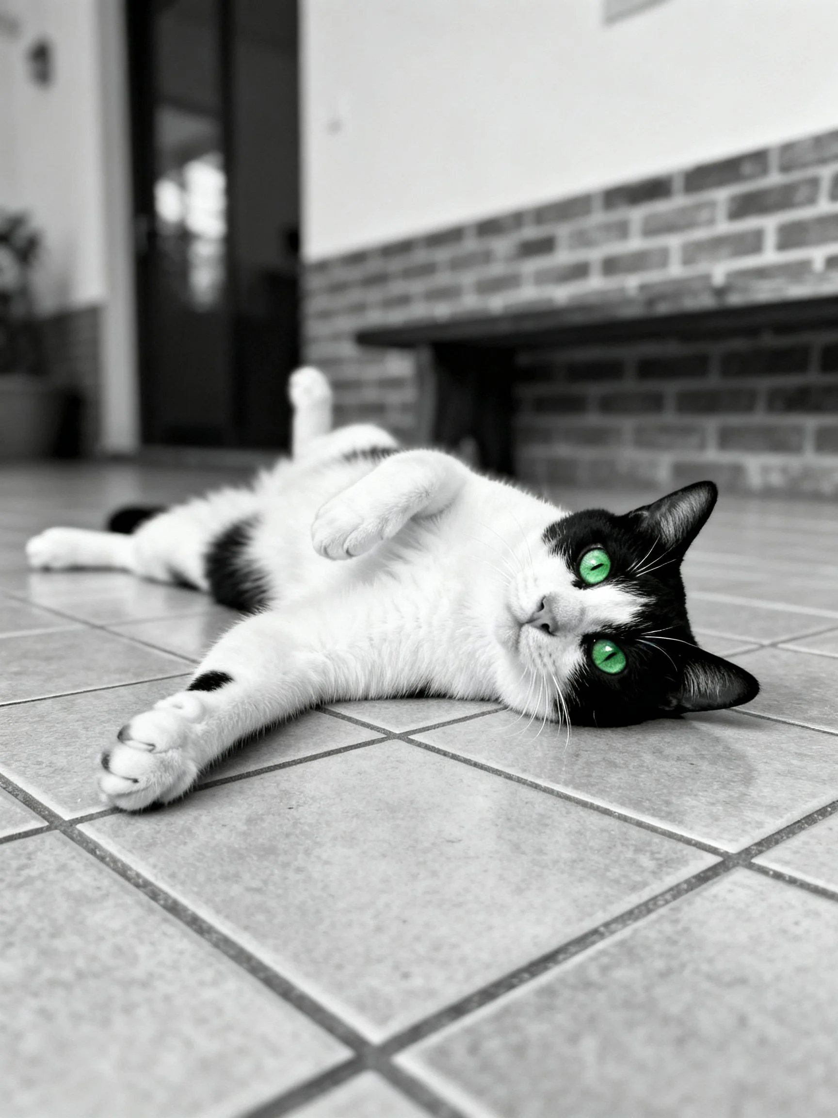 A black - and - white cat with bright green eyes lies on tiled flooring