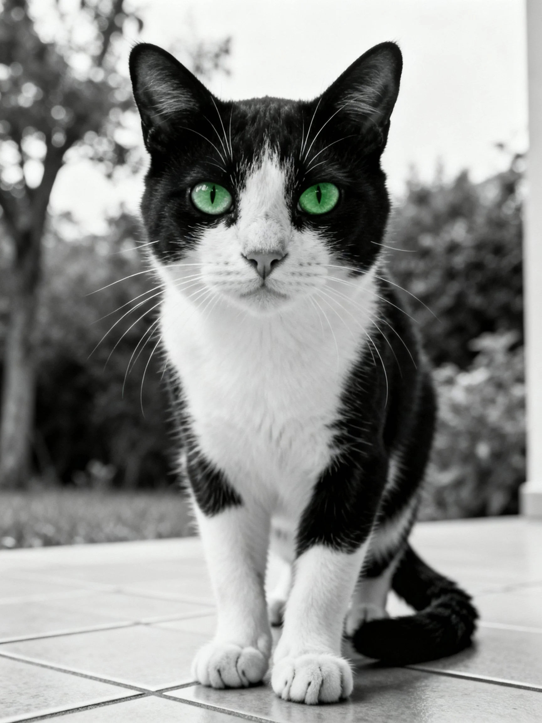 A black - and - white cat with bright green eyes on tiled flooring