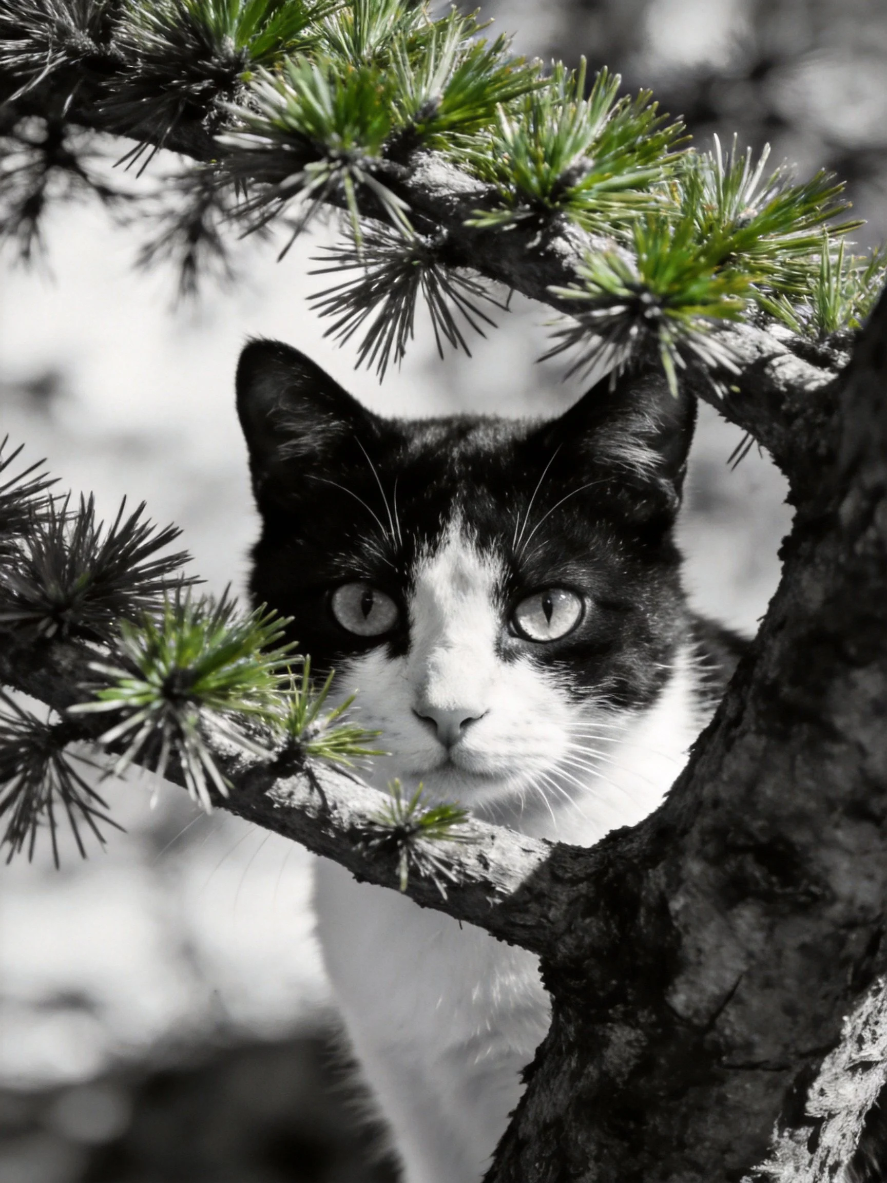 A black - and - white cat with bright green eyes peeks from behind pine branches