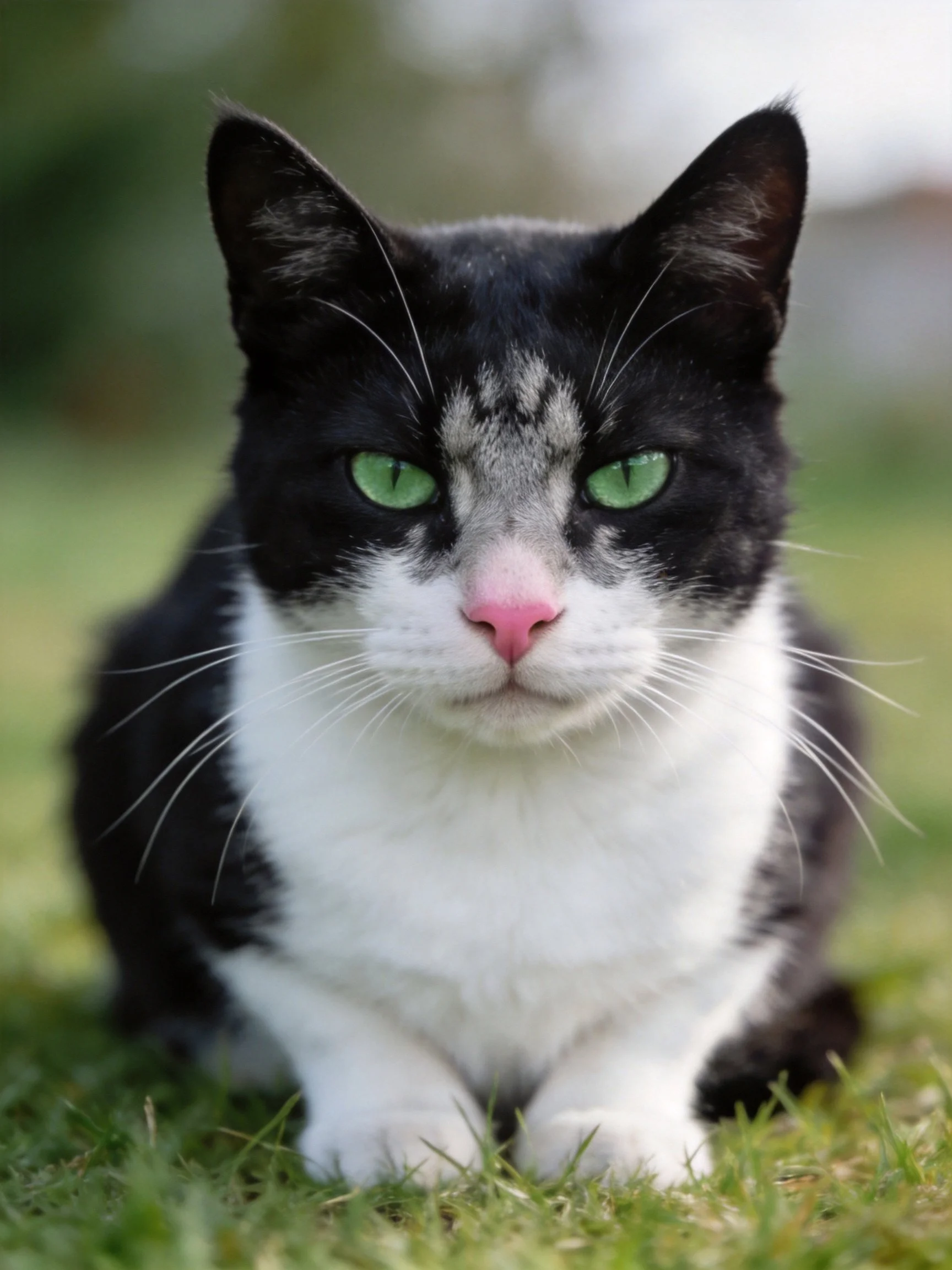 A black-and-white cat with bright green eyes resting on grass