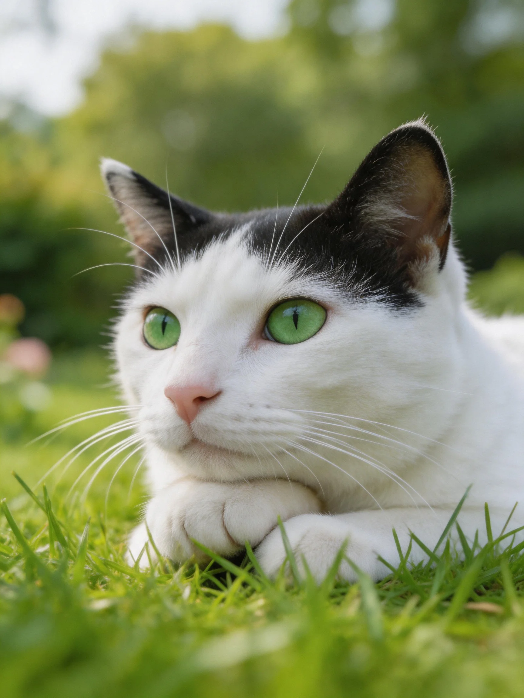 A black - and - white cat with bright green eyes rests on lush grass