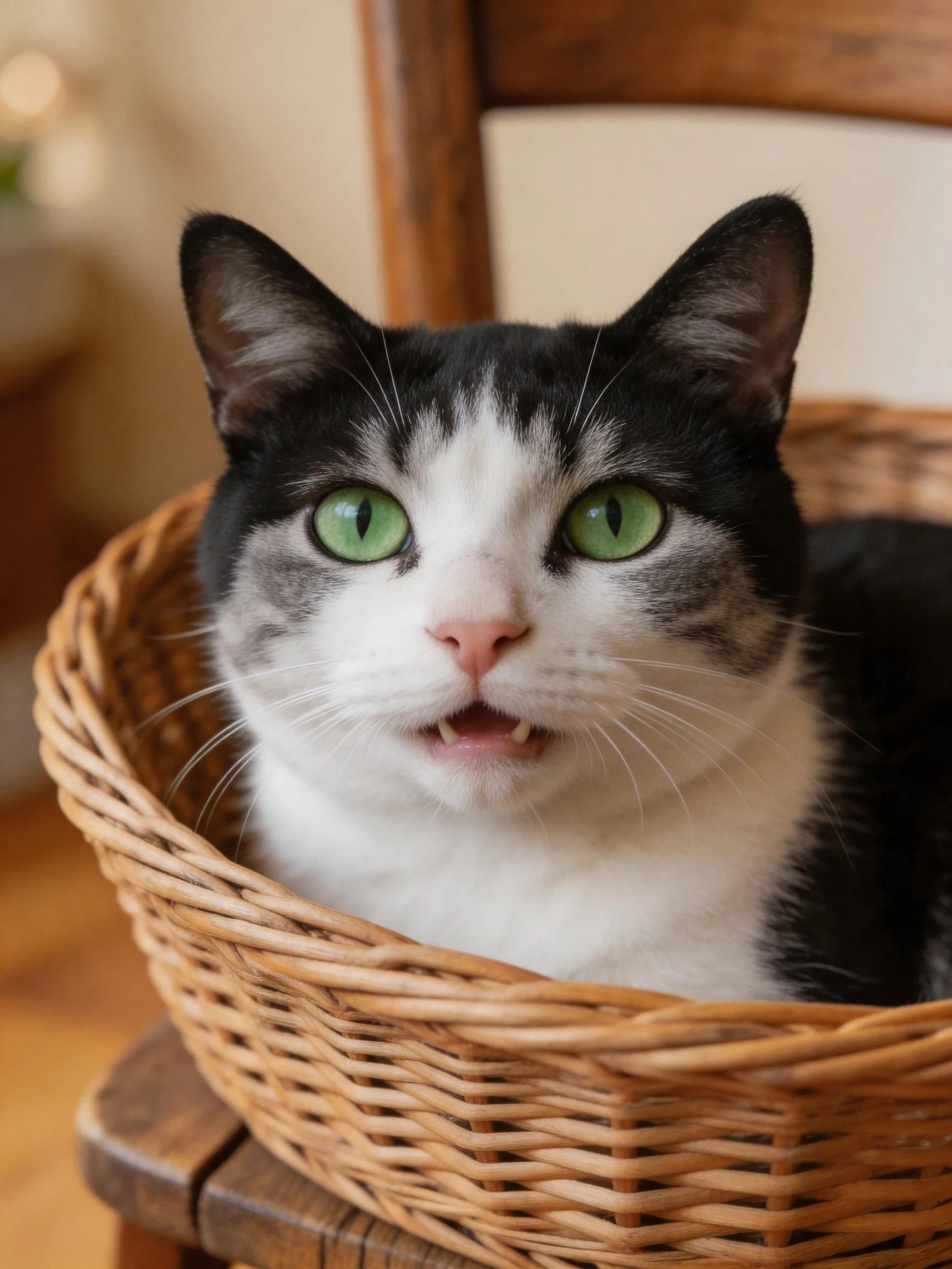 A black - and - white cat with bright green eyes sits in a wicker basket