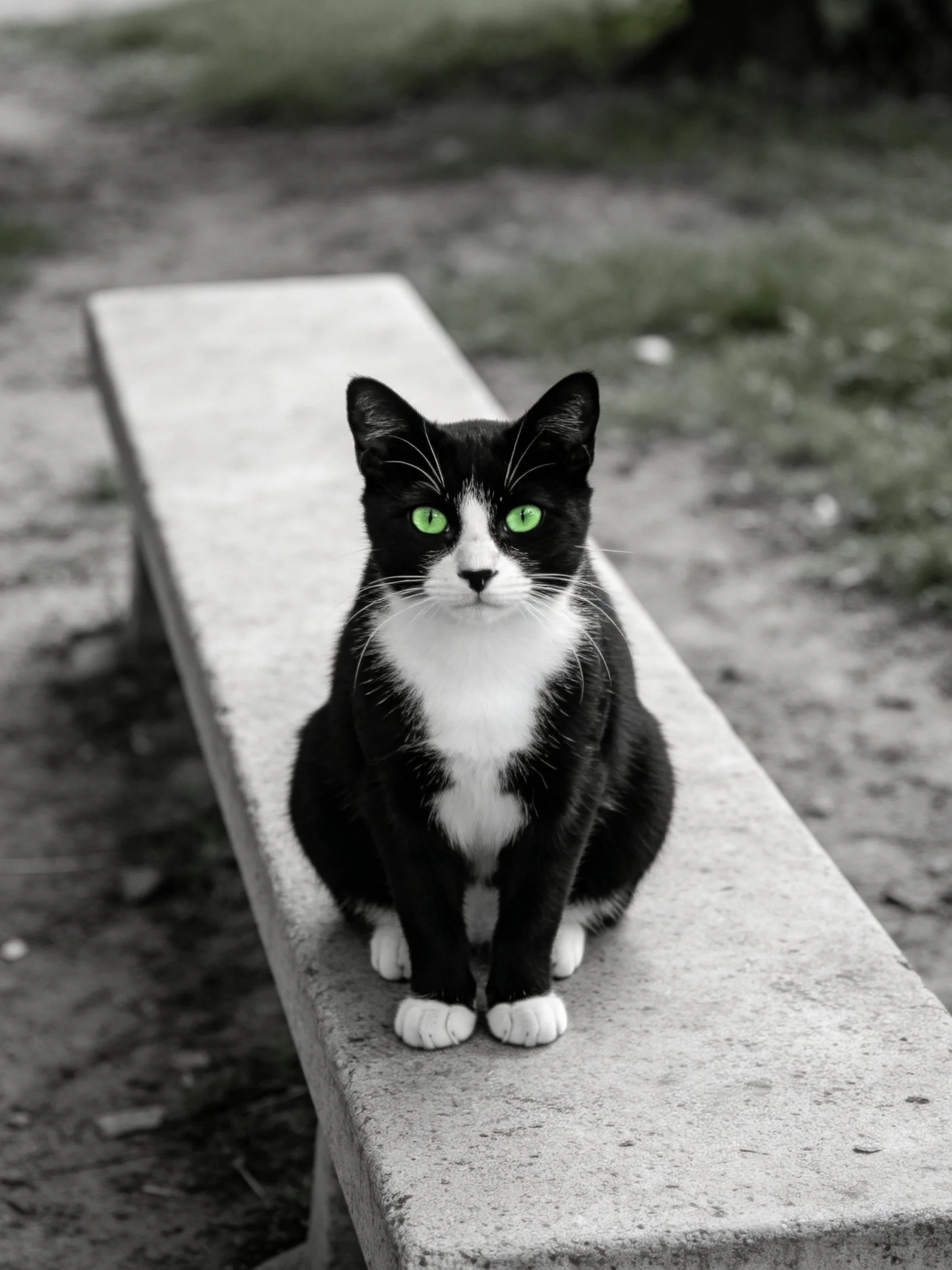 A black and white cat with bright green eyes sits on a concrete bench