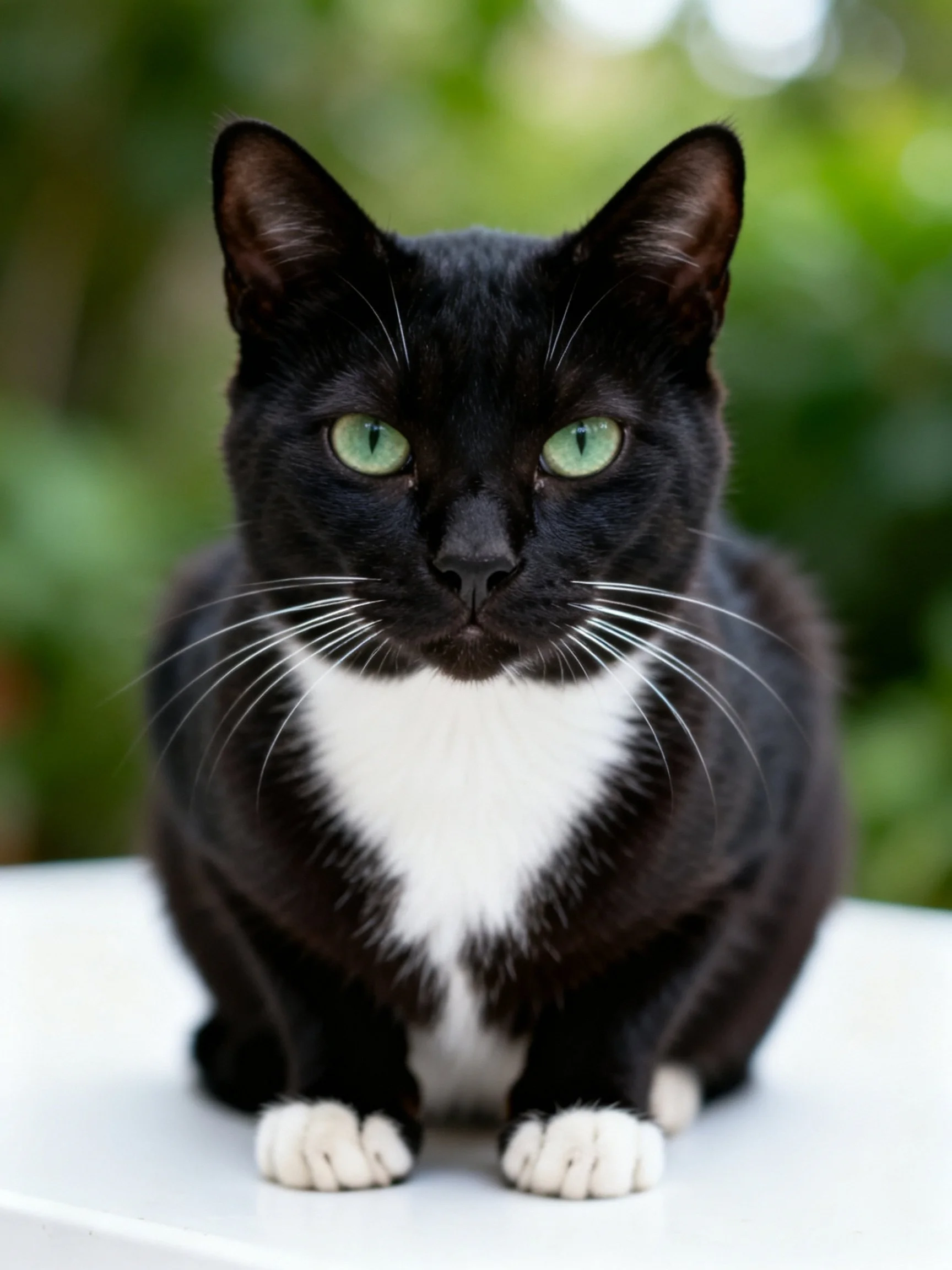 A black and white cat with bright green eyes sits on a white surface