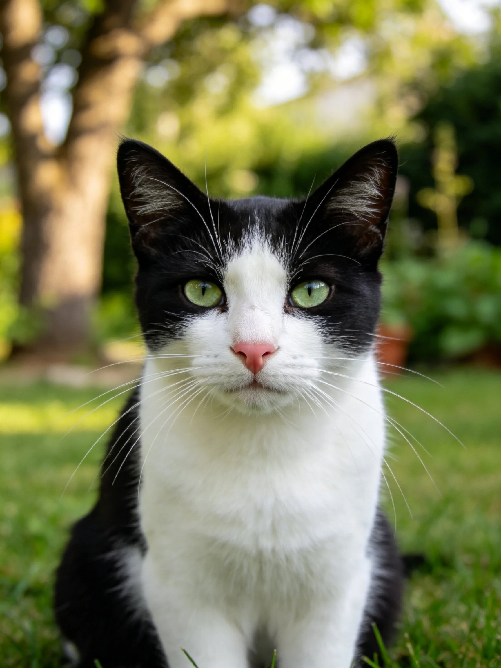 A black - and - white cat with bright green eyes sits on grass