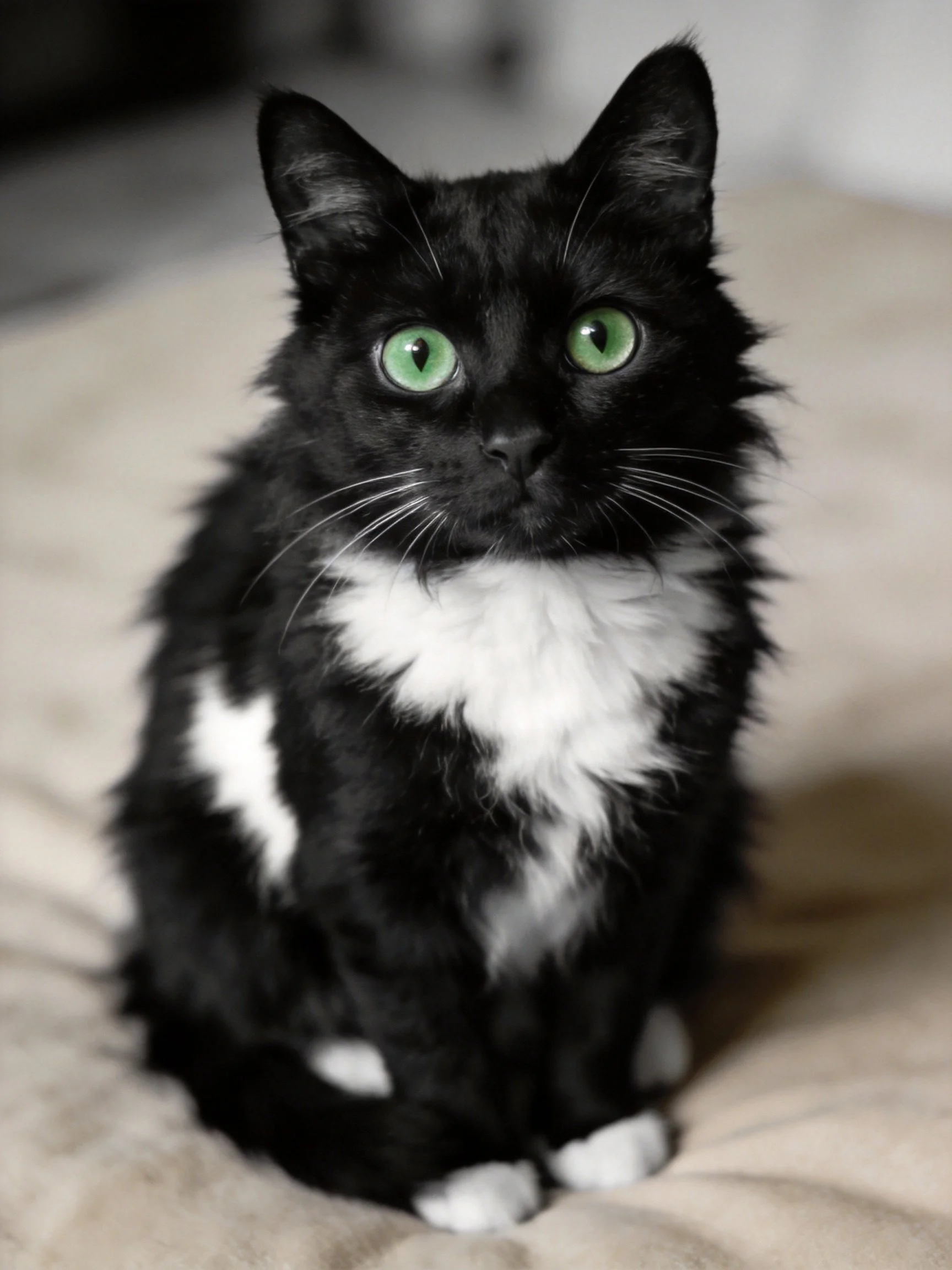 A black and white cat with bright green eyes sits on soft fabric
