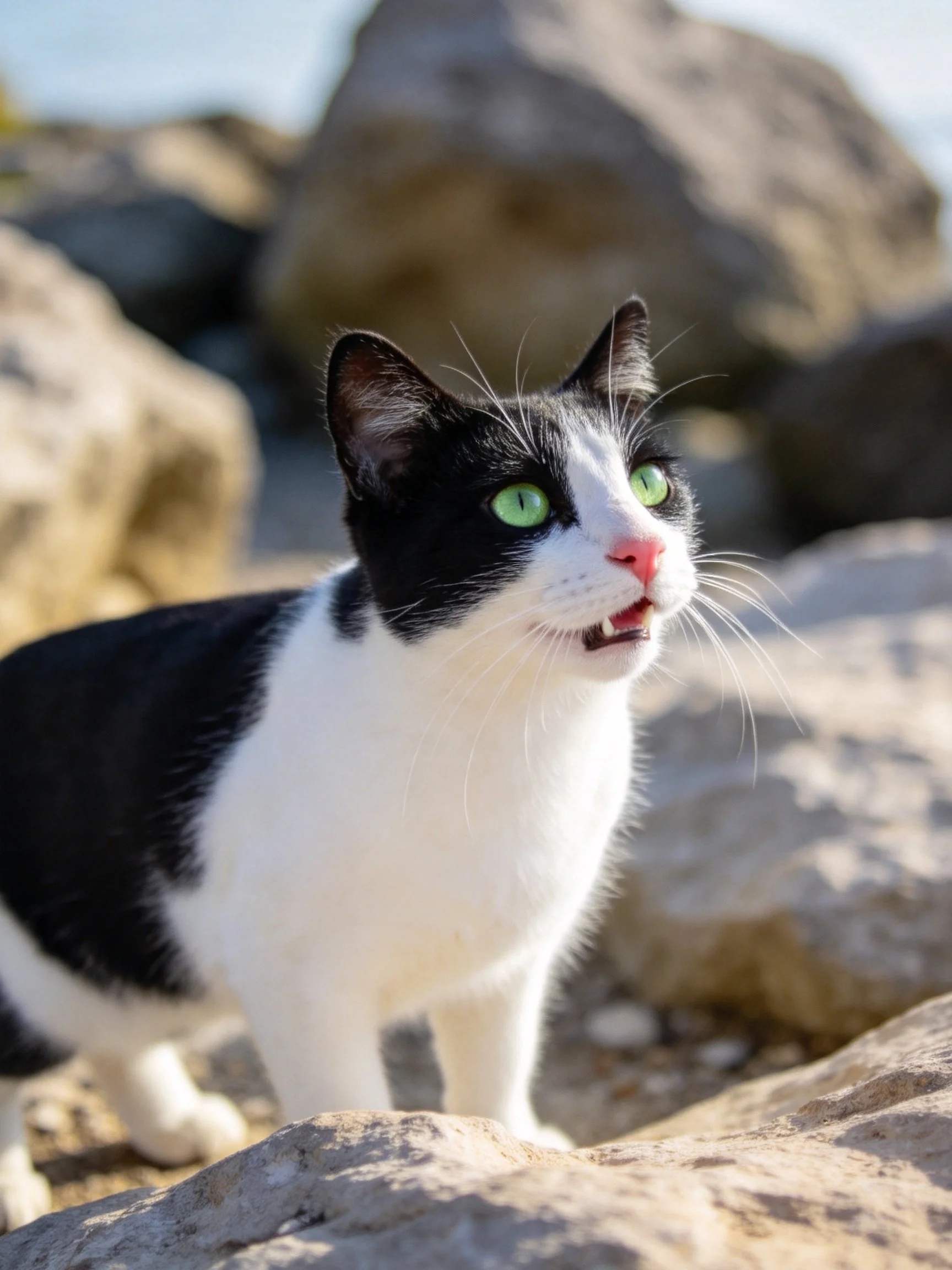 A black - and - white cat with bright green eyes stands among large rocks