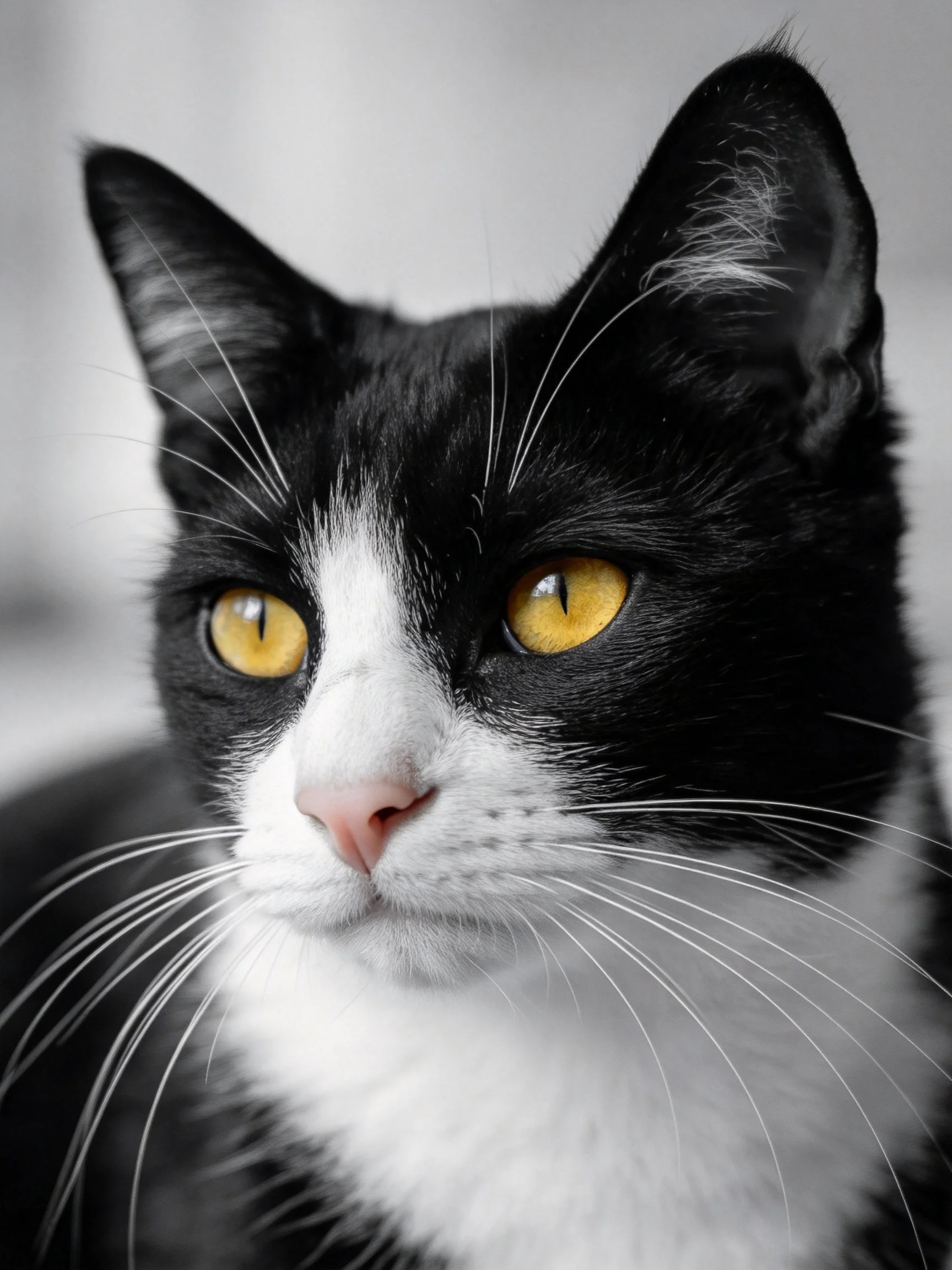 A black and white cat with bright yellow eyes