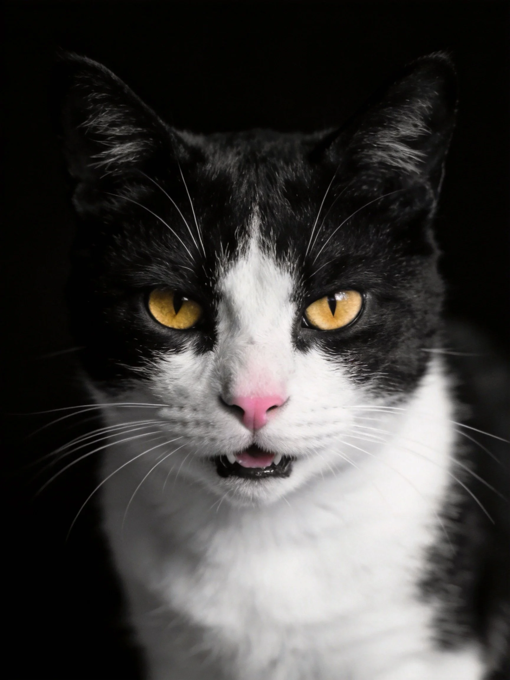A black and white cat with bright yellow eyes against a dark backdrop