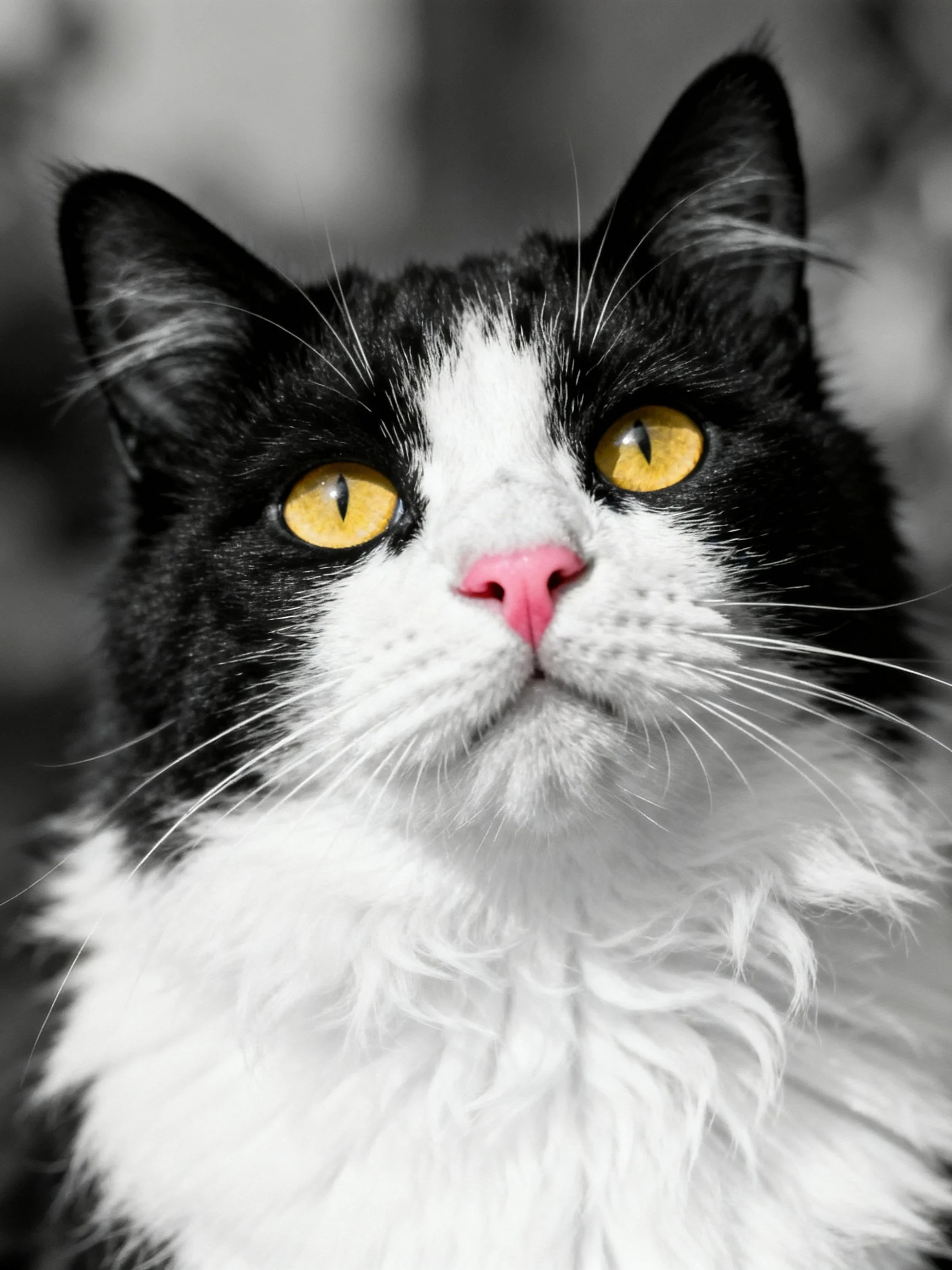 A black - and - white cat with bright yellow eyes and pink nose