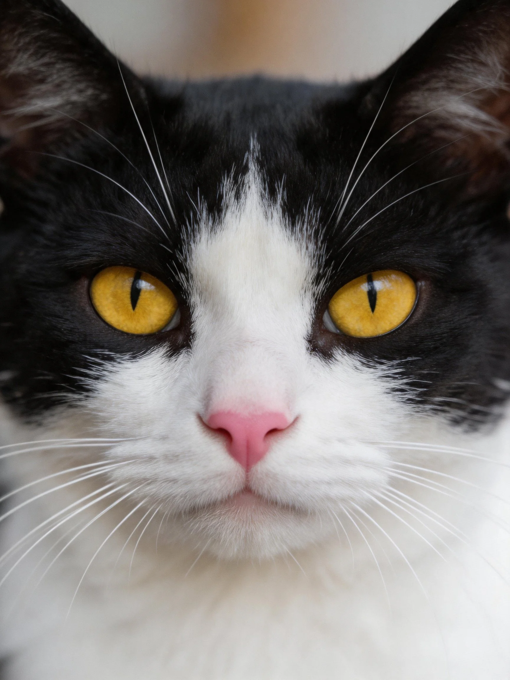 A black and white cat with bright yellow eyes and pink nose