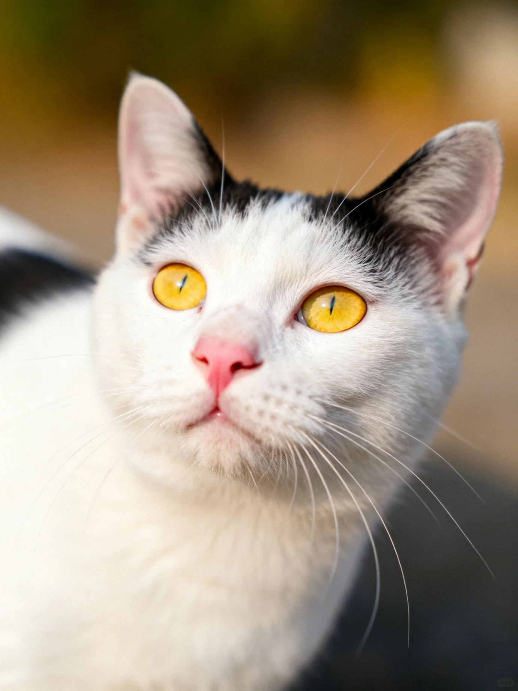 A close-up of a black-and-white cat featuring vivid yellow eyes.
