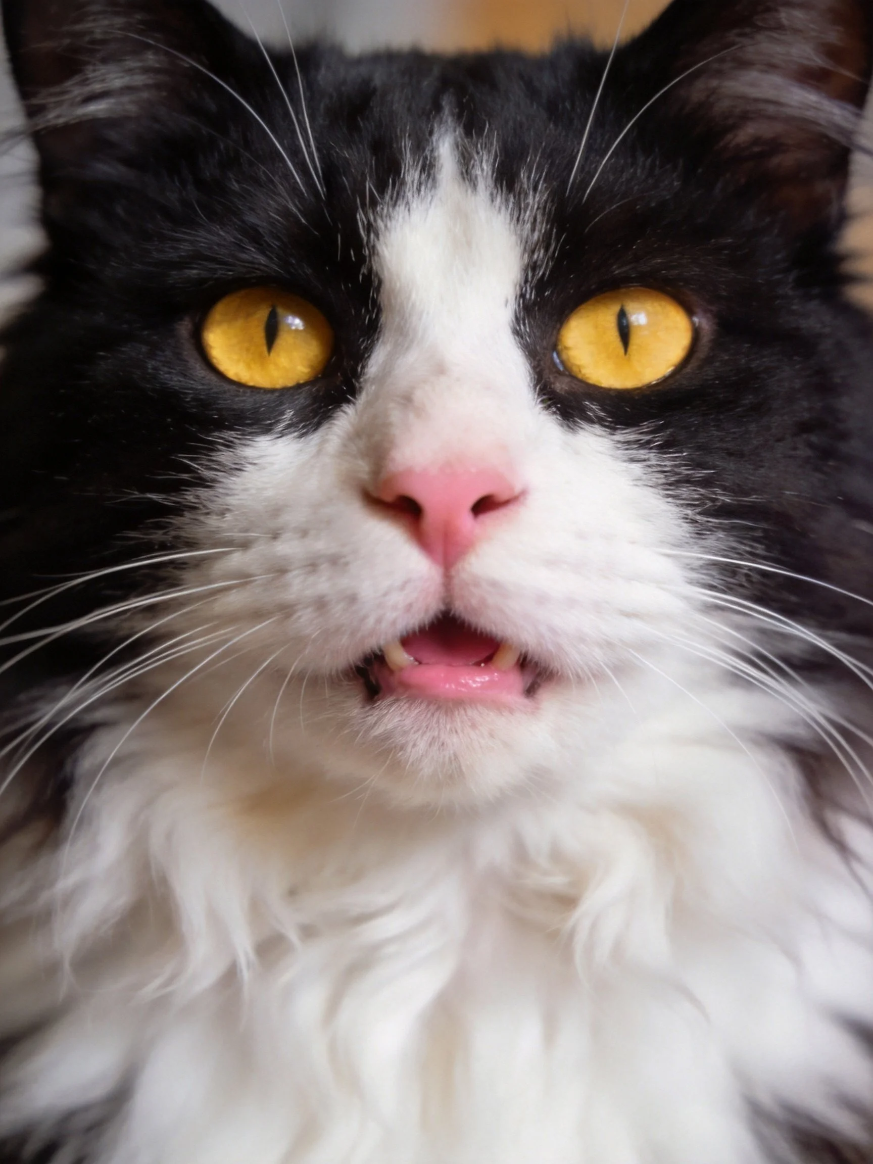 A black and white cat with bright yellow eyes and pink nose
