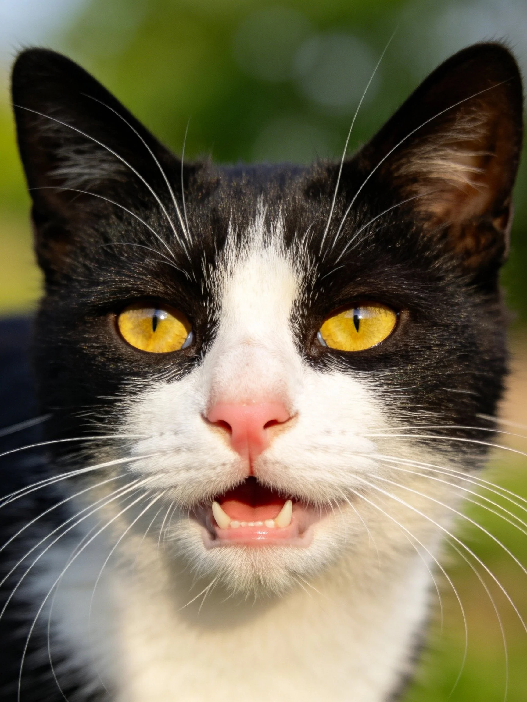 A black and white cat with bright yellow eyes