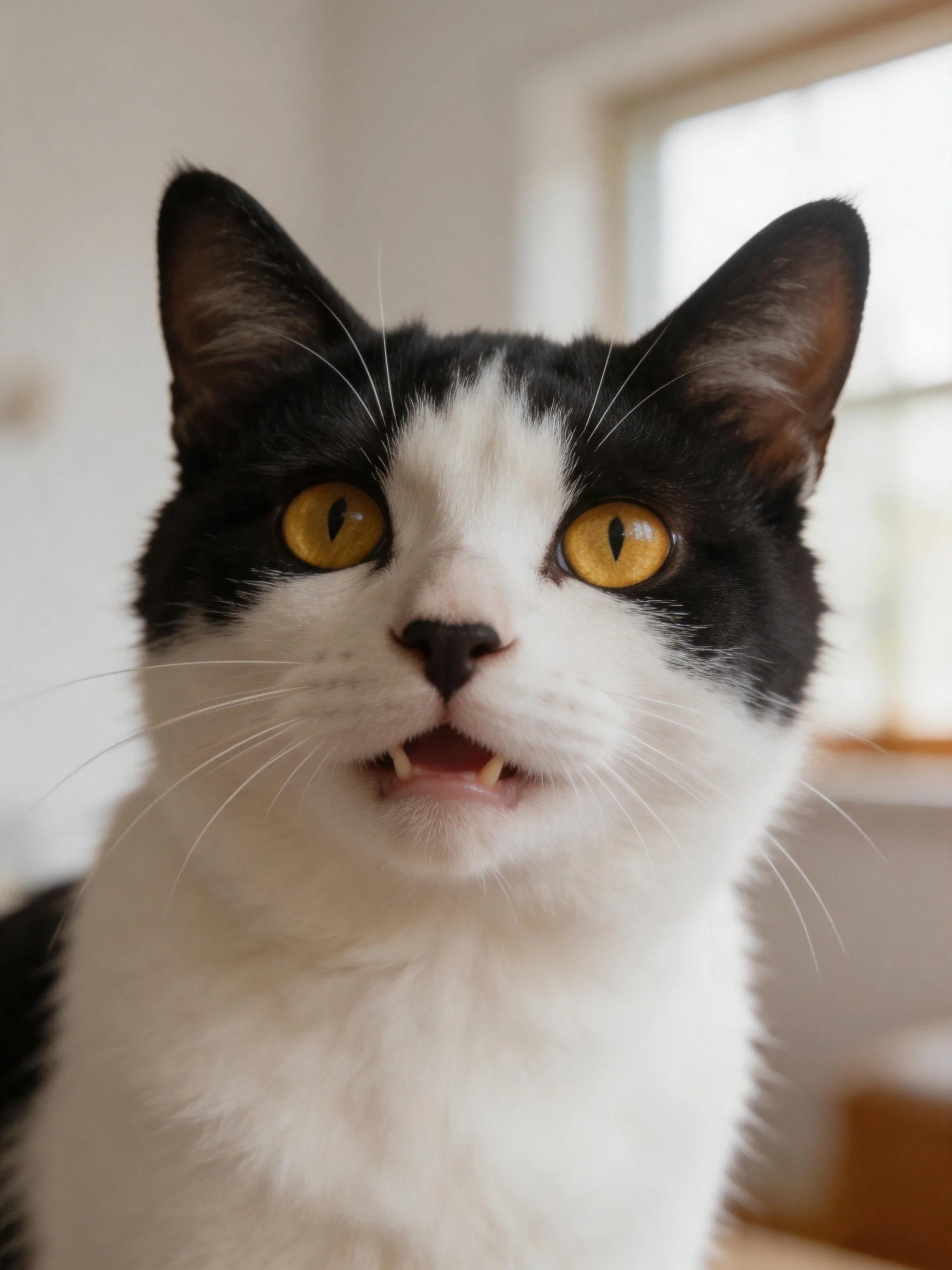 A black and white cat with bright yellow eyes in a home interior