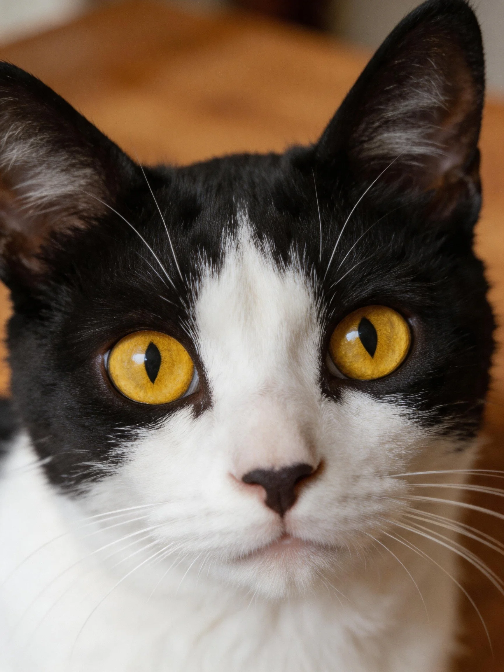 A black and white cat with bright yellow eyes in close-up
