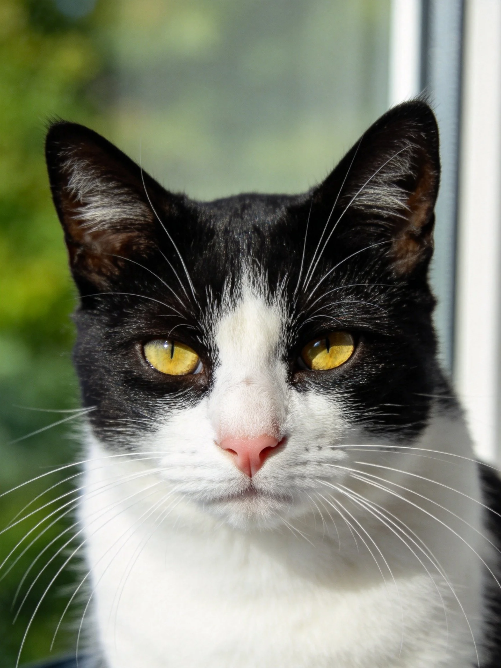 A black and white cat with bright yellow eyes near a window
