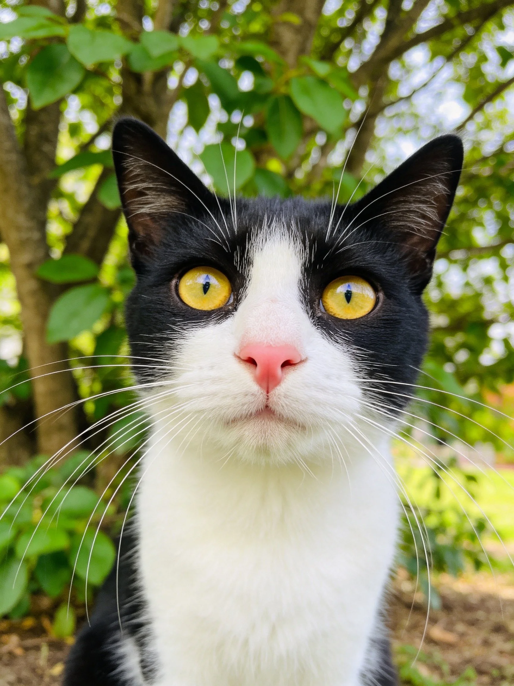 A black - and - white cat with bright yellow eyes near leafy trees