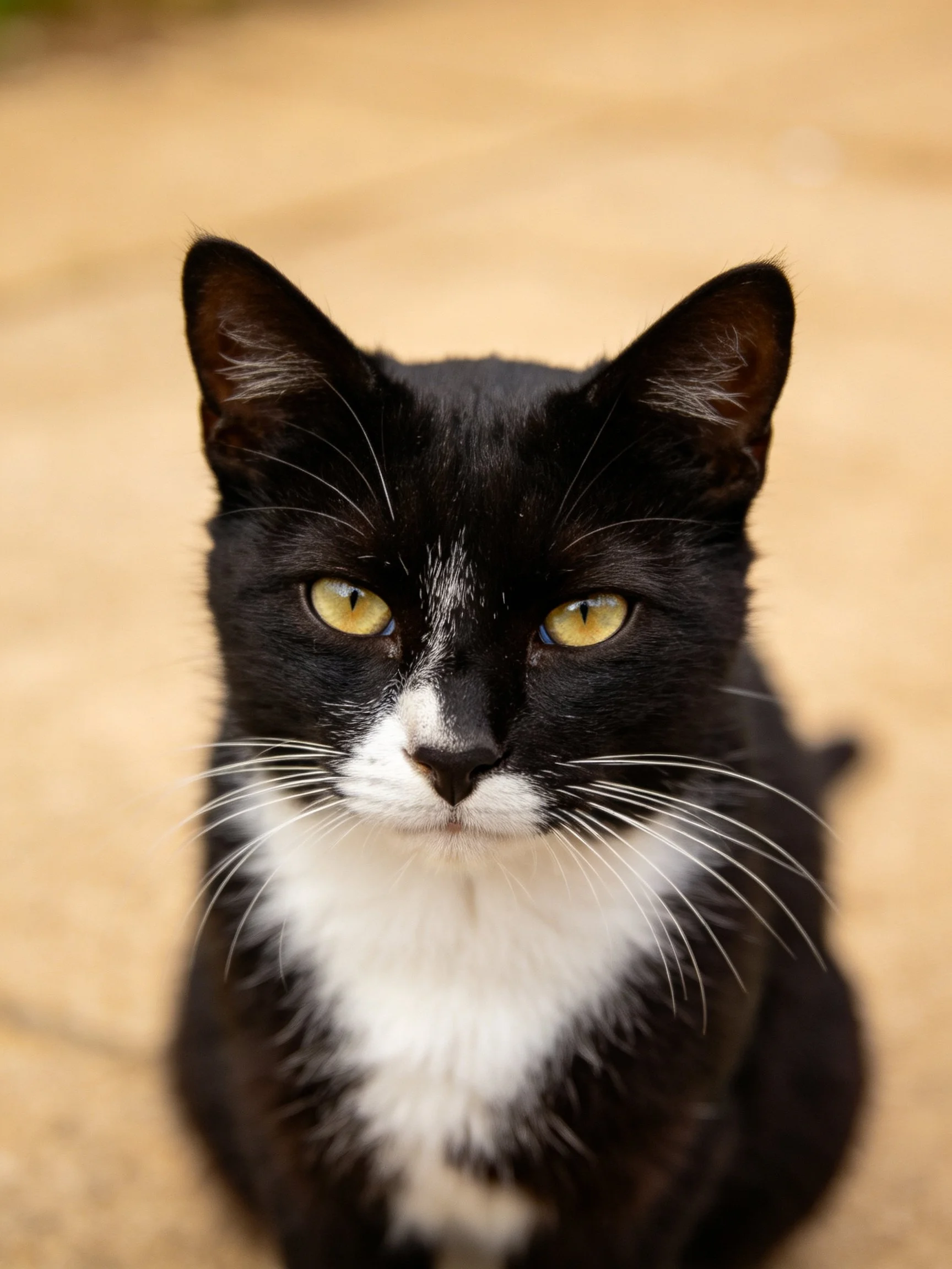 A black and white cat with bright yellow eyes on a beige surface