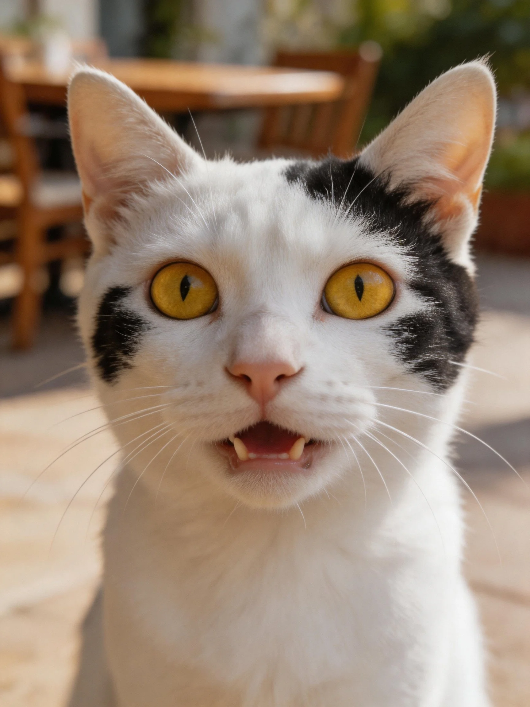 A black-and-white cat with bright yellow eyes outdoors