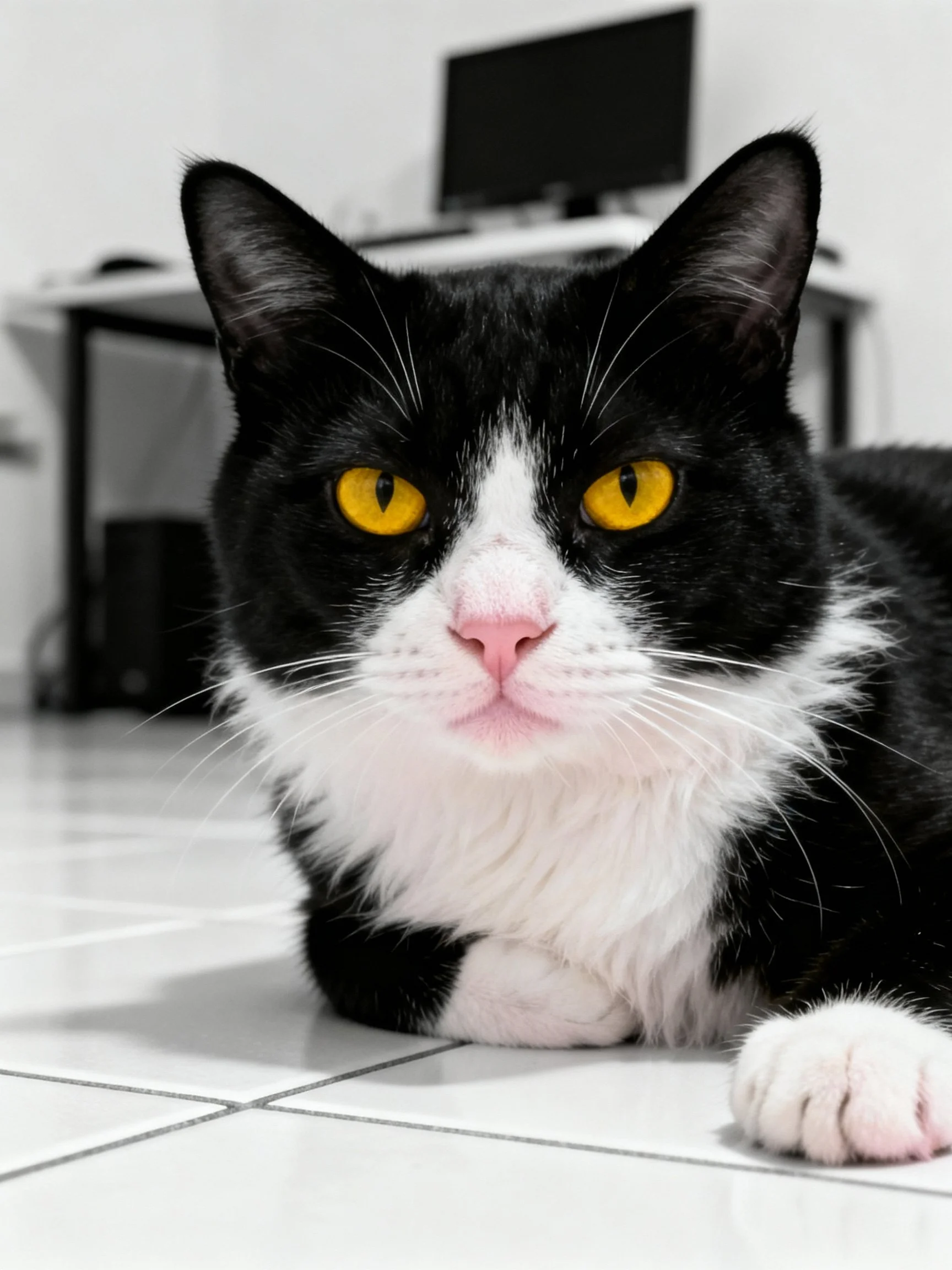 A black and white cat with bright yellow eyes resting indoors