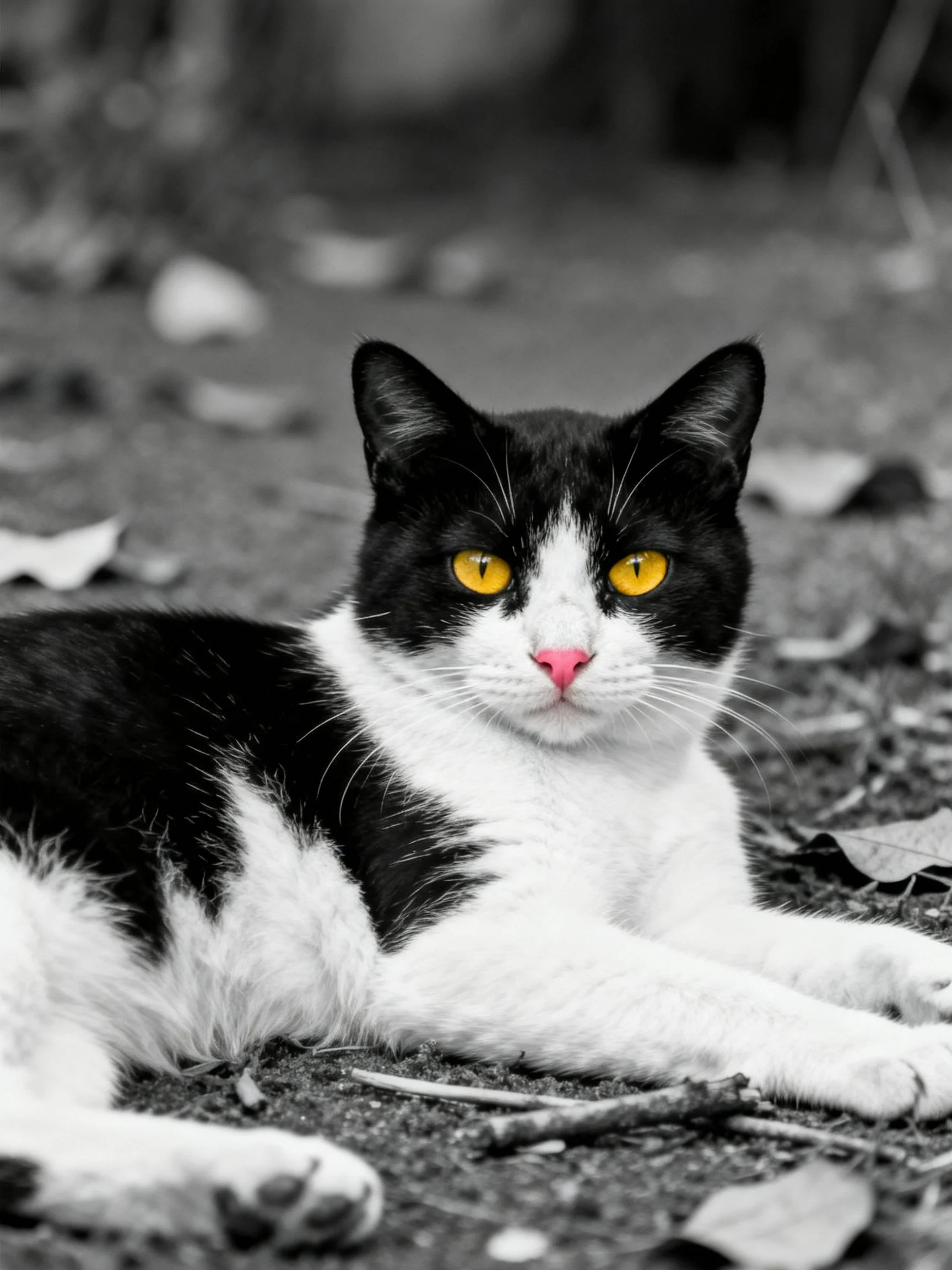 A black and white cat with bright yellow eyes resting on a leaf - strewn surface