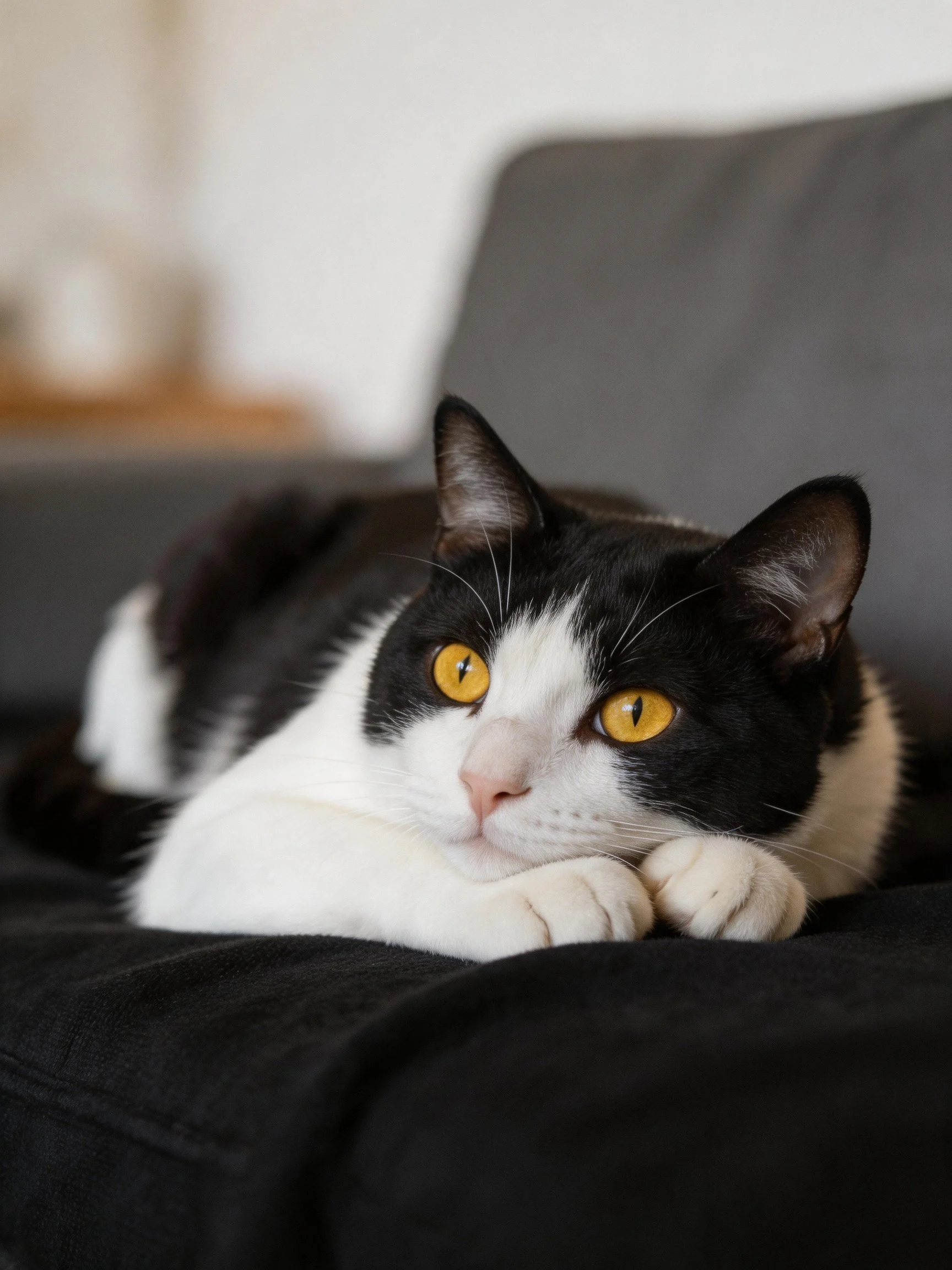 A black and white cat with bright yellow eyes resting on dark fabric