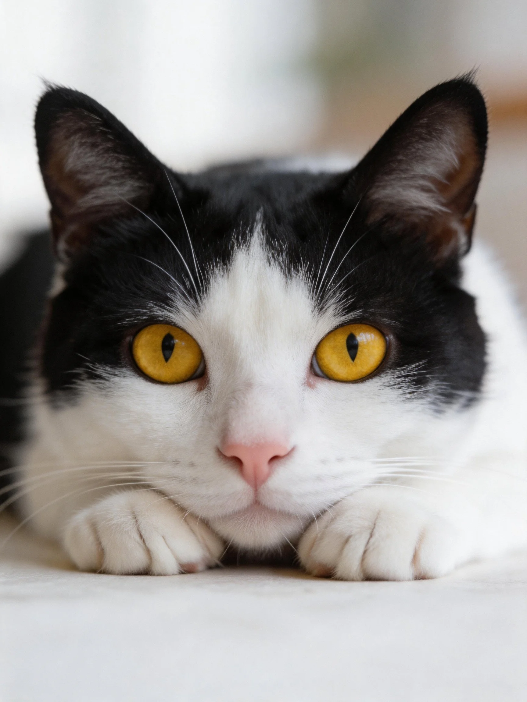 A black and white cat with bright yellow eyes resting